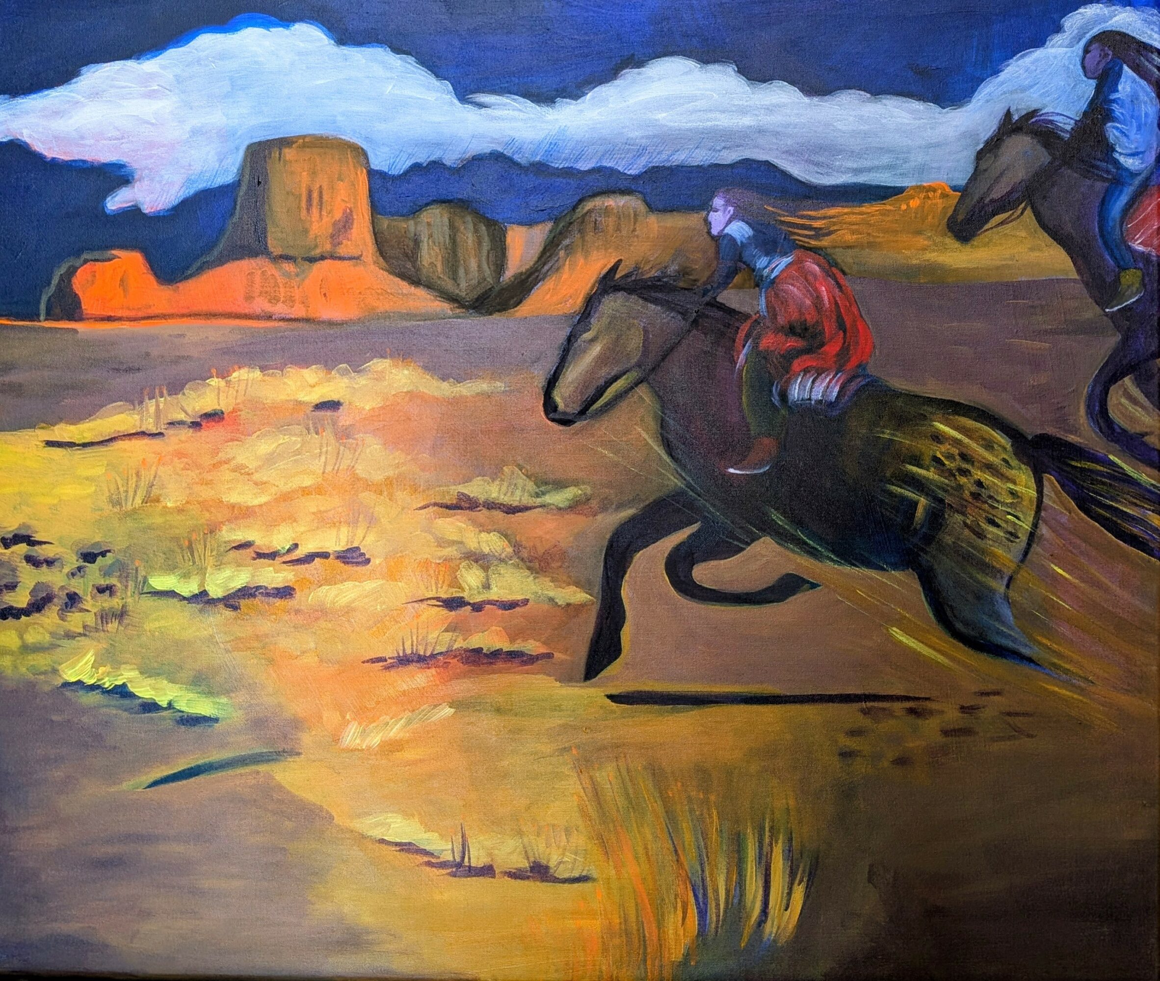 Two people riding horses in a desert landscape with mesas and a cloudy sky, painted in vibrant colors.