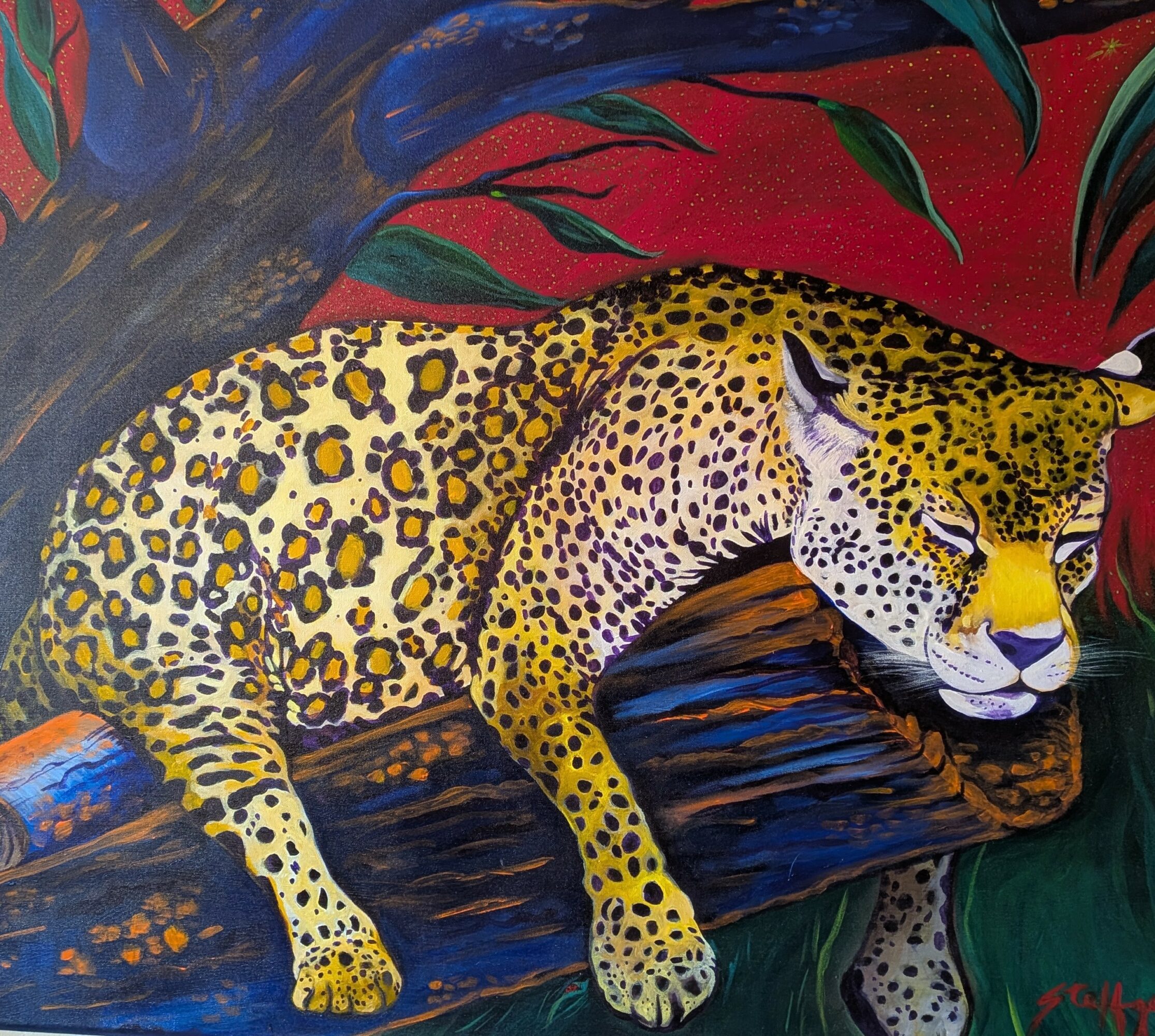 Colorful painting of a jaguar resting on a tree branch with vibrant background elements.