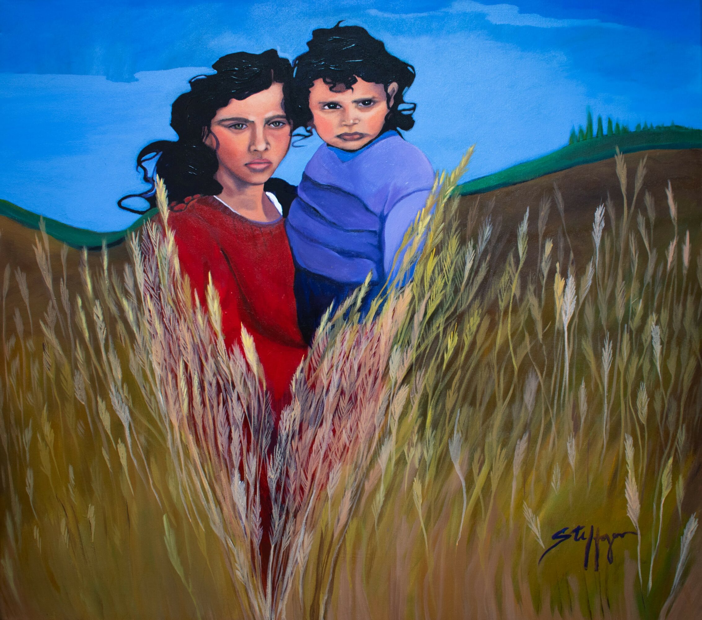 Two children, a girl in red and a boy in blue, stand in a grassy field with a blue sky background.