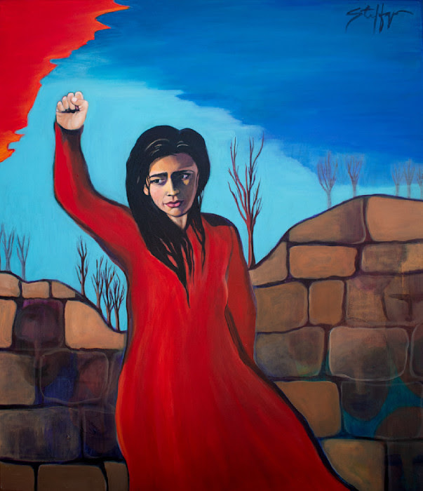 A woman in a red dress raises her fist, standing outdoors with a stone wall and leafless trees against a blue sky.