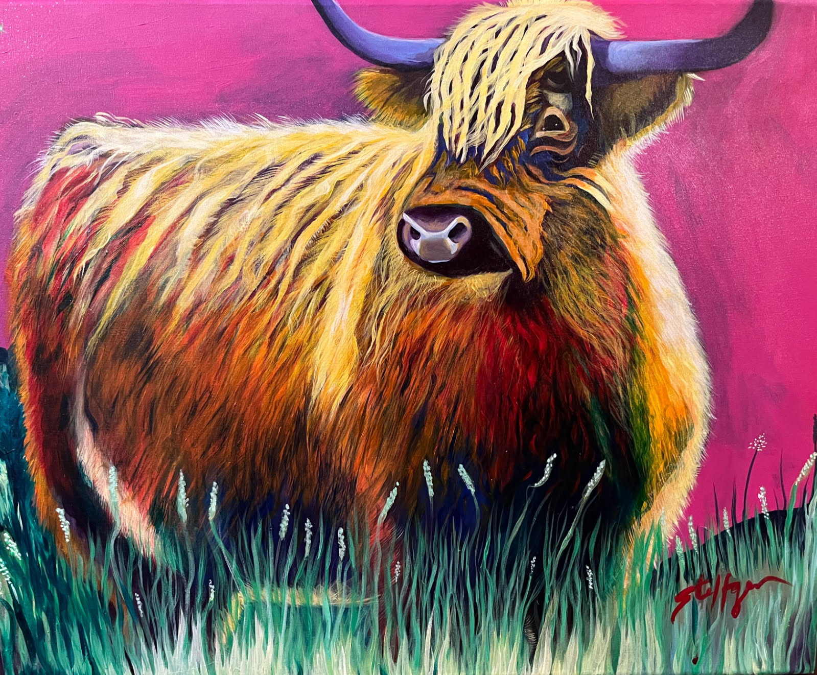 Colorful painting of a highland cow with long hair and horns, standing on grass against a pink background.