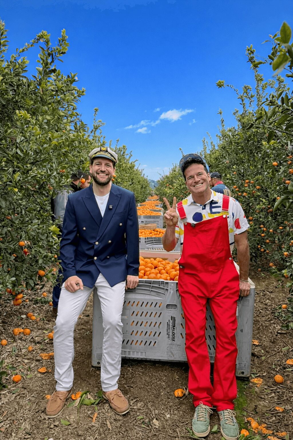 Two men standing outdoors in an orchard with orange trees, smiling, one in a suit and the other in a red apron, with a crate of oranges.