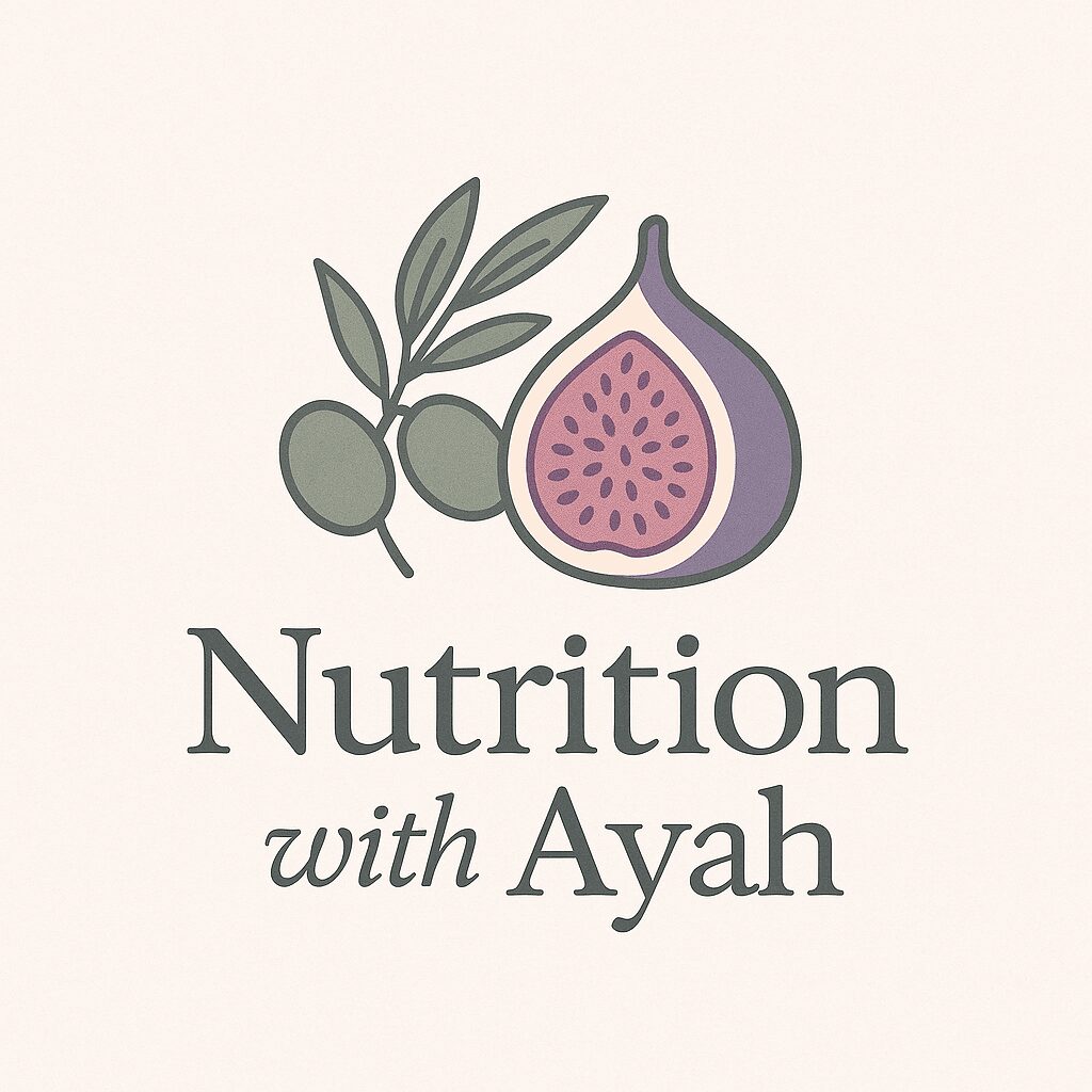 Illustration of a fig and olives with text 'Nutrition with Ayah'.
