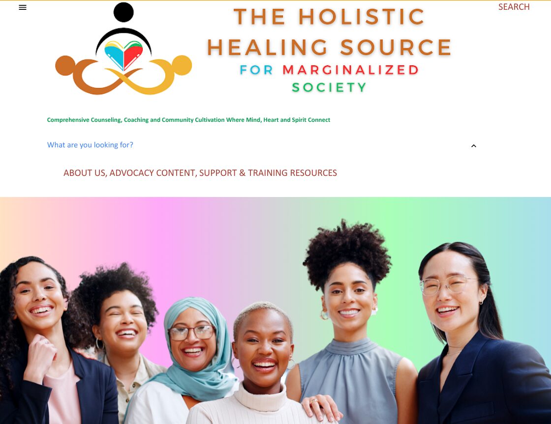 Group of diverse smiling women standing together against a pastel rainbow background.