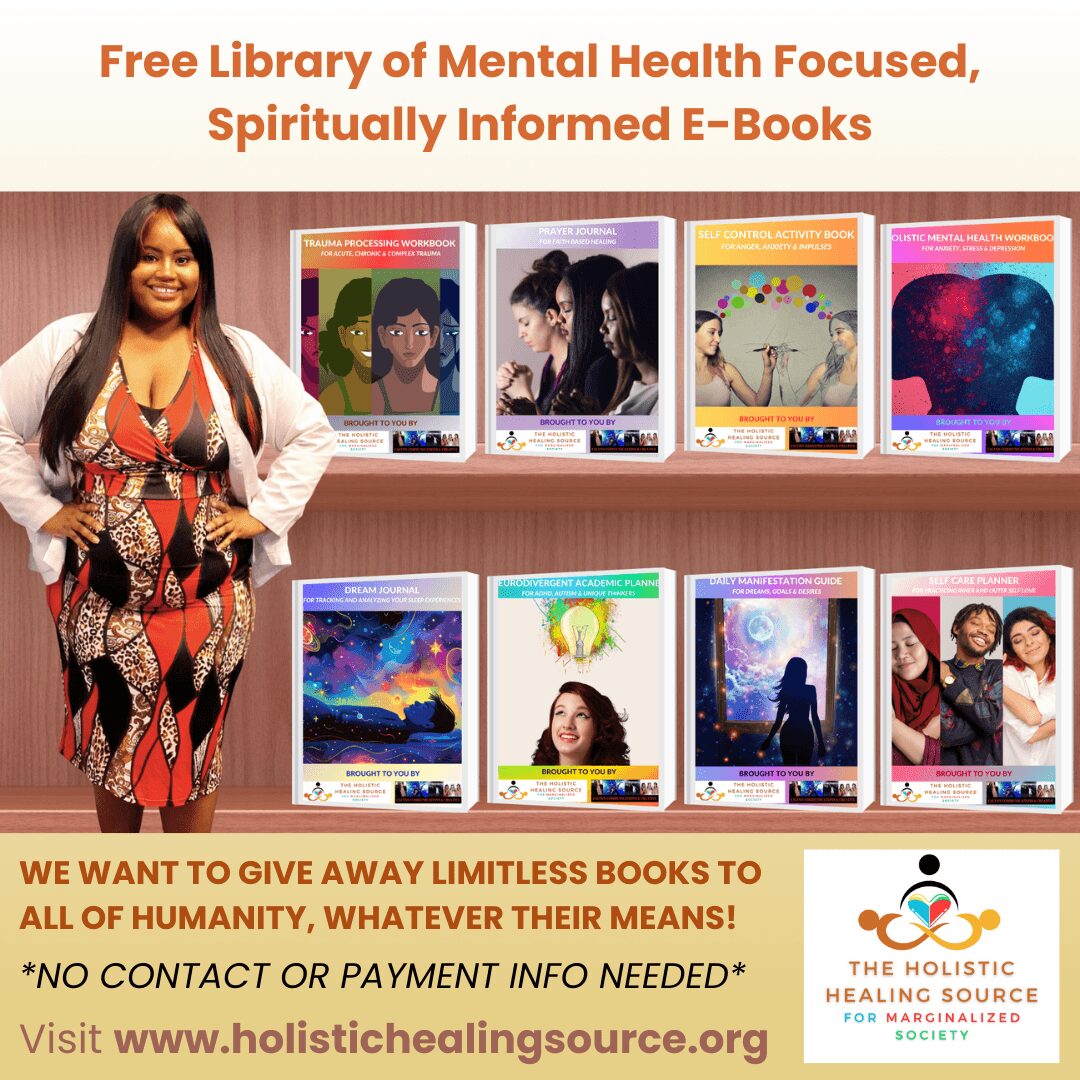 Woman standing next to a shelf of colorful mental health e-books, smiling, with a banner about free books. Worded text about giving books. Website link.