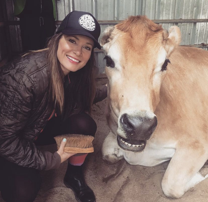 Woman smiling next to a light-colored cow inside a barn, holding a brush in her hand.