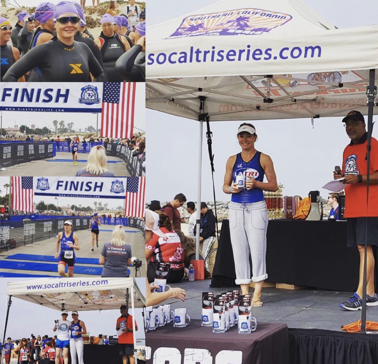 Group of people at a race event, some on stage, others near finish line, with banners and tents, sunny day.