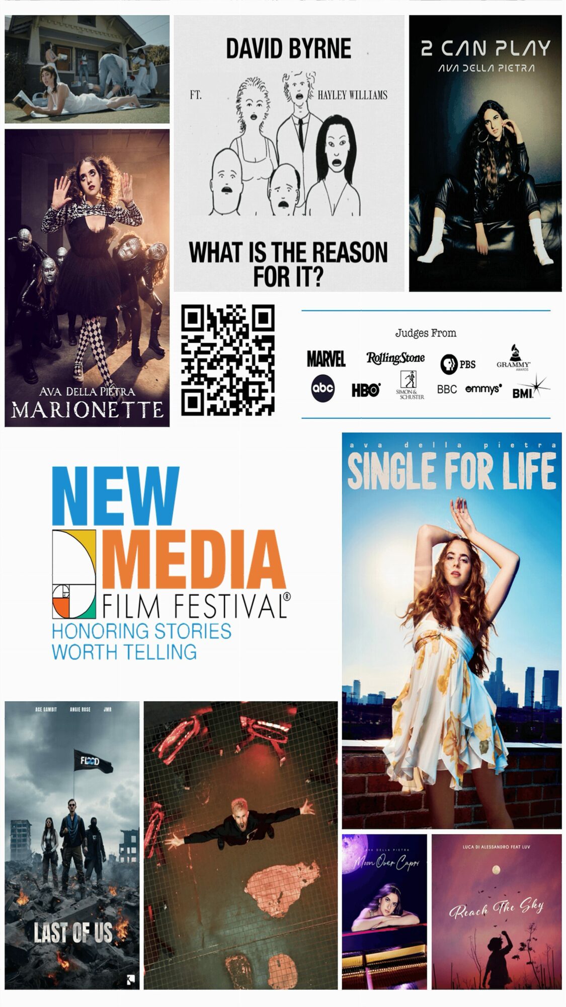Collage of eight images including movie posters, a QR code, and a woman in a dress outdoors.