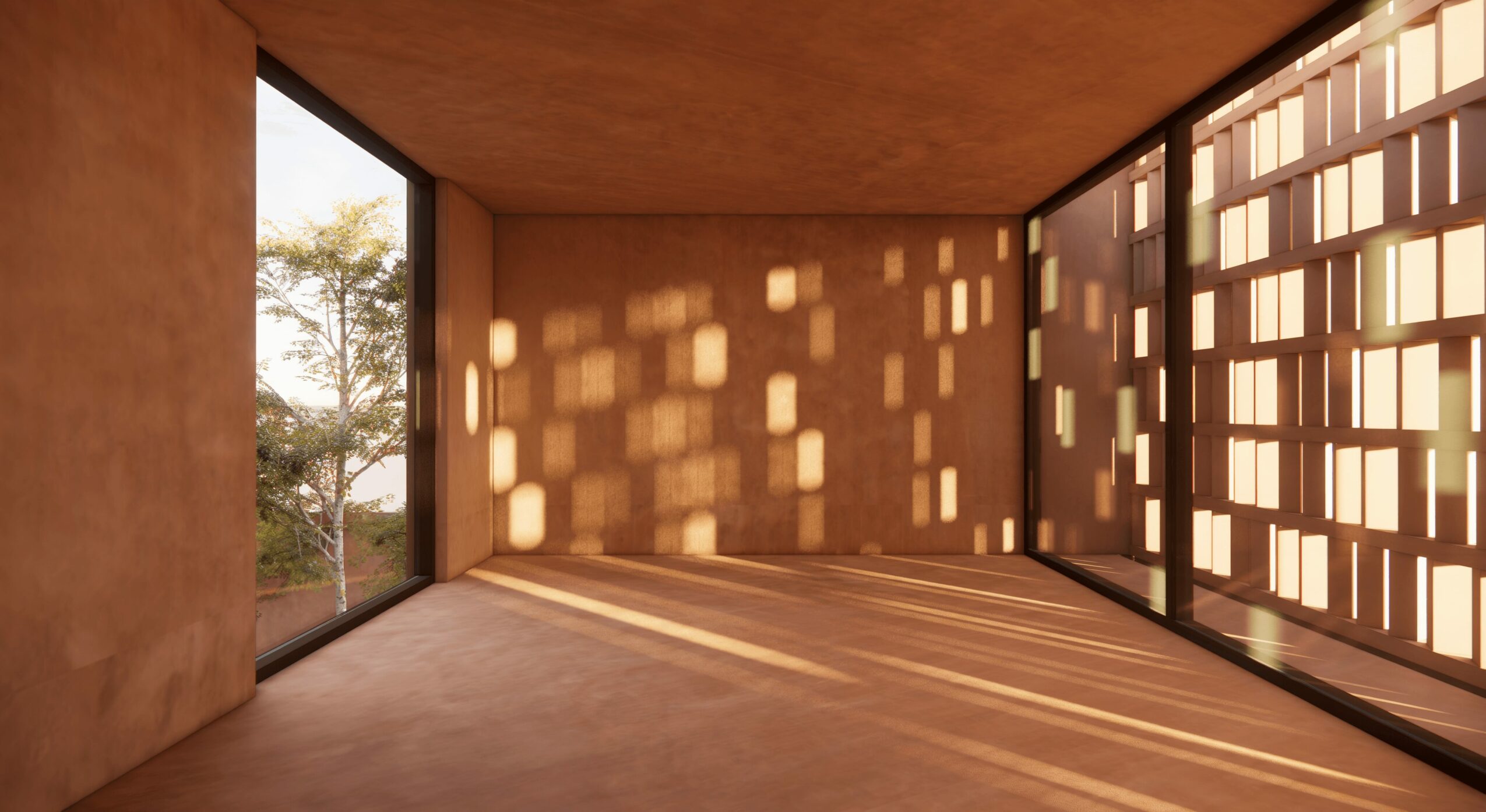 Empty room with large windows, sunlight casting square patterns on walls and floor, wooden ceiling and floor, outdoor trees visible.