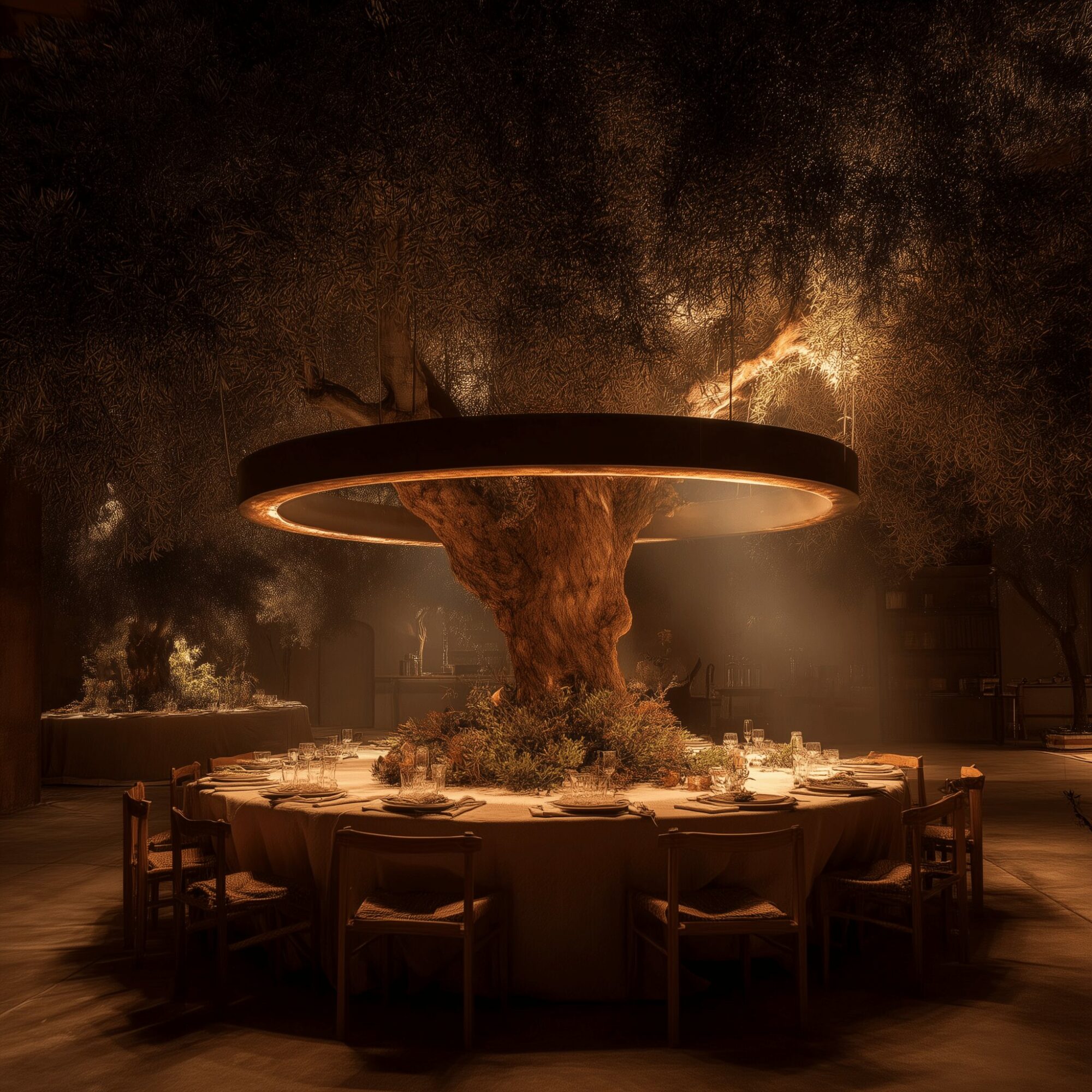 Round table set for a meal with chairs, under a large tree with a circular light fixture above, in a dimly lit environment.