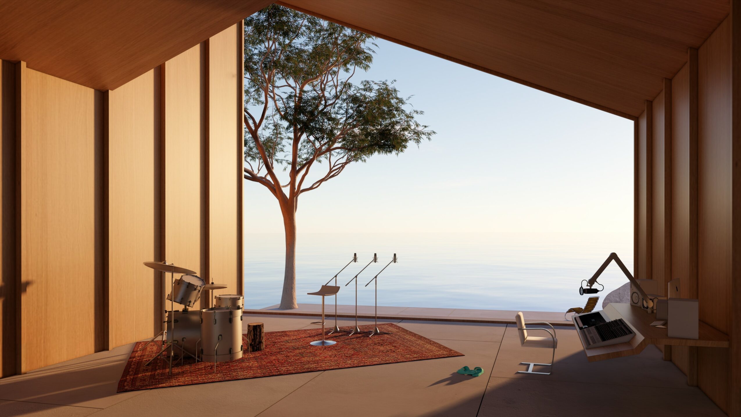 Interior room with large window overlooking ocean, tree, and sky, with musical instruments and equipment inside.
