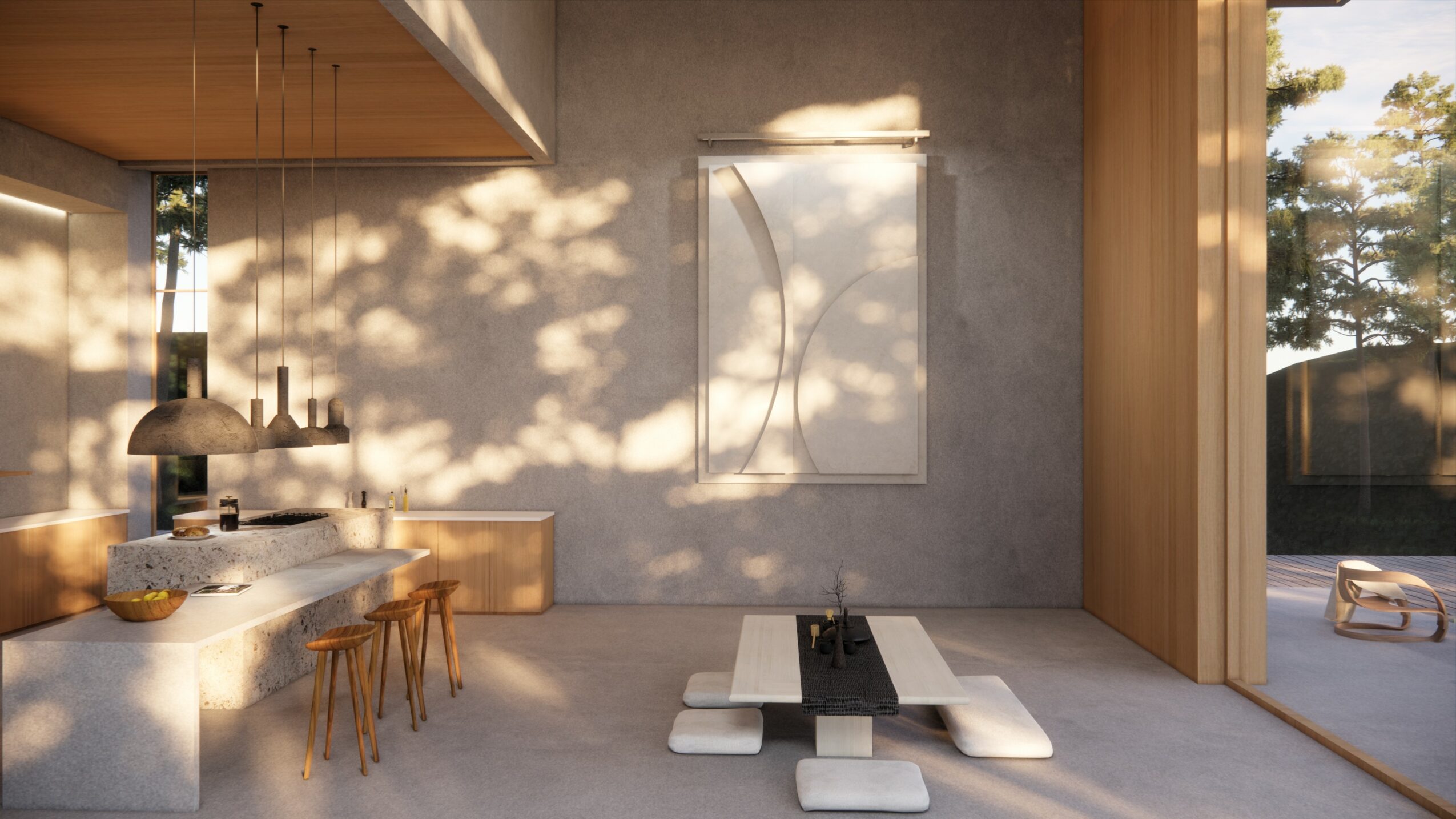 Modern dining area with a low table, white cushions, and a large window with natural light.