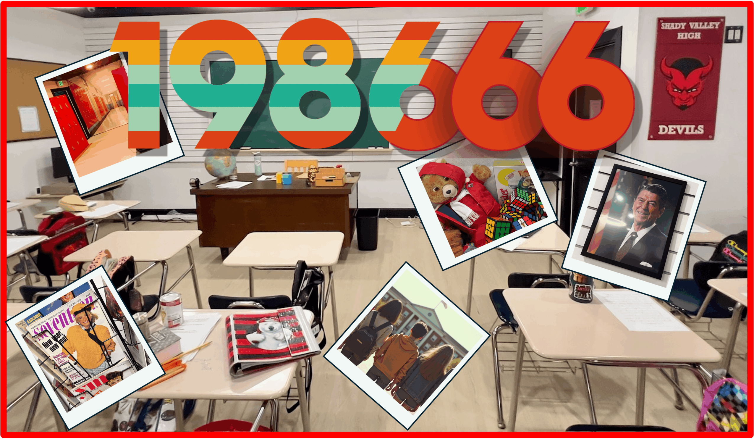 Classroom with desks, chairs, and posters, including a large '1984' and '66' in colorful numbers, and various photos on desks.