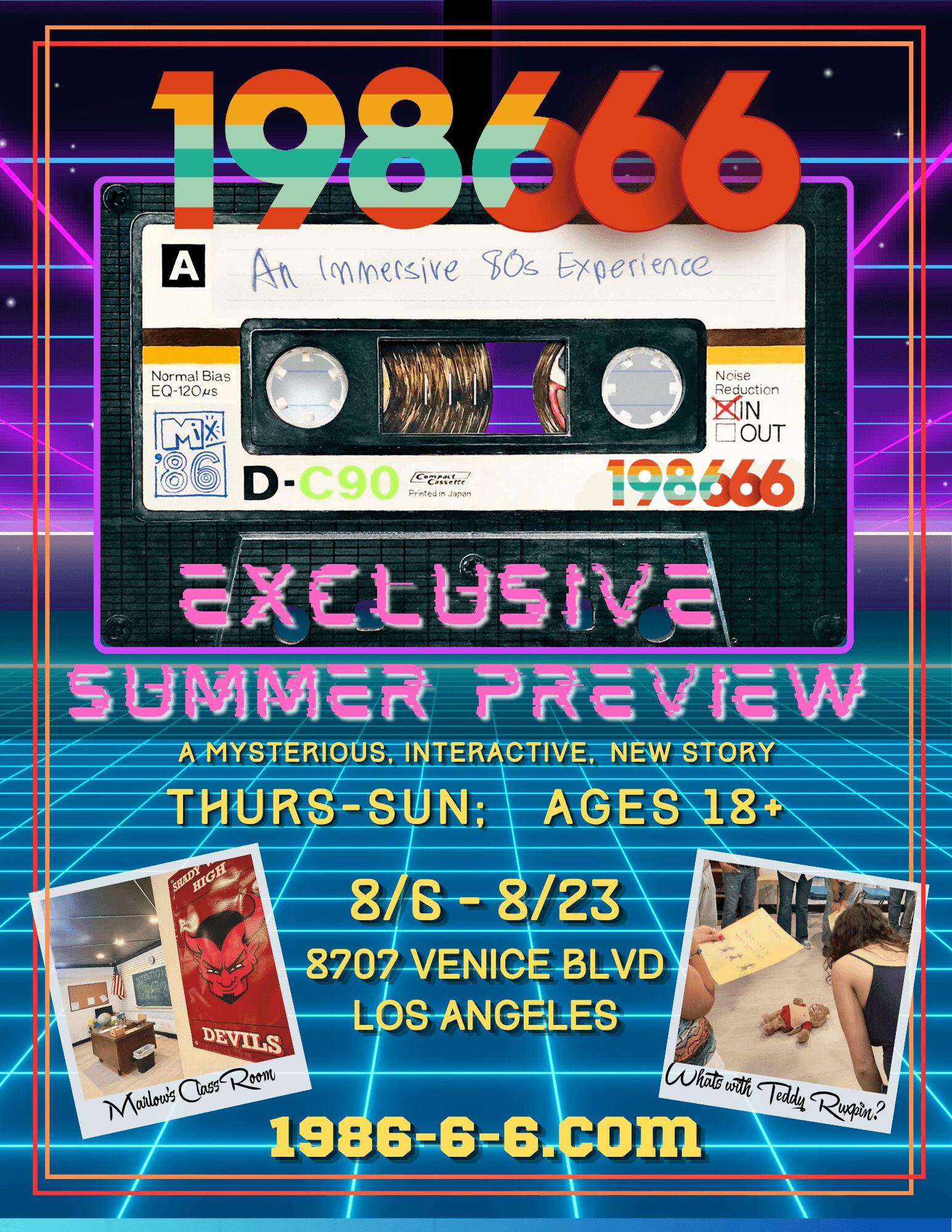 Cassette tape with handwritten label, colorful text, and images of books and a person, set against a neon grid background.