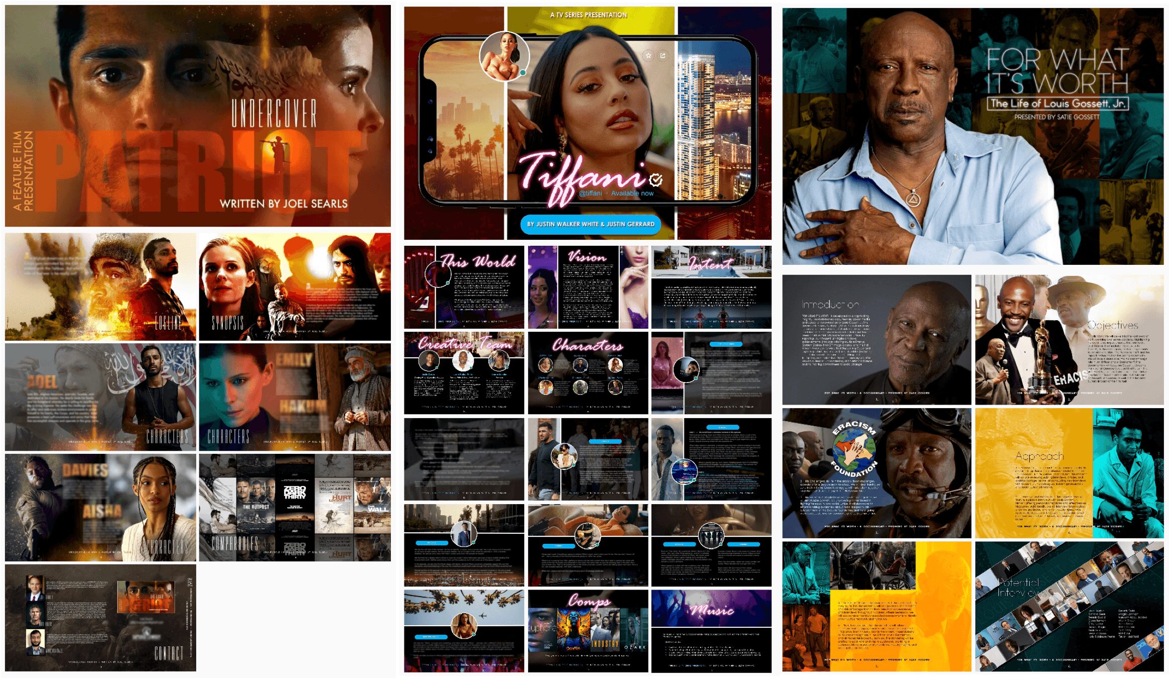Collage of various movie and TV show posters, scenes, and promotional images with diverse characters and titles.