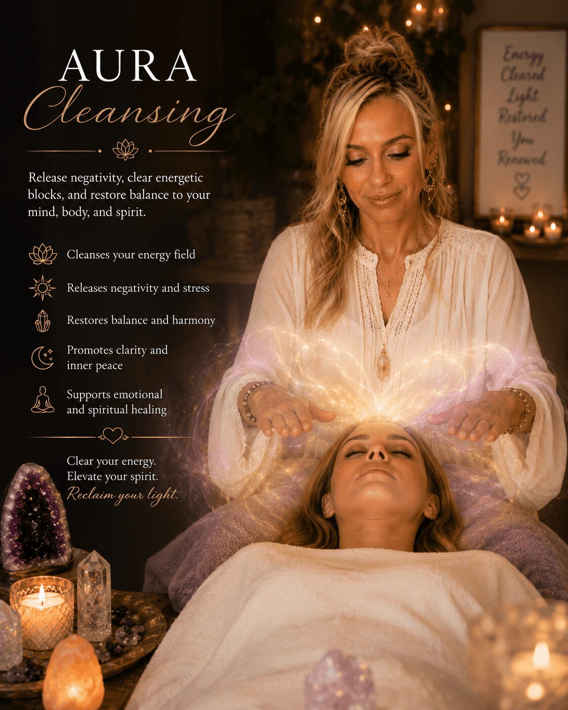 Woman with long hair performs a healing or cleansing ritual over a person lying down, surrounded by candles and crystals.