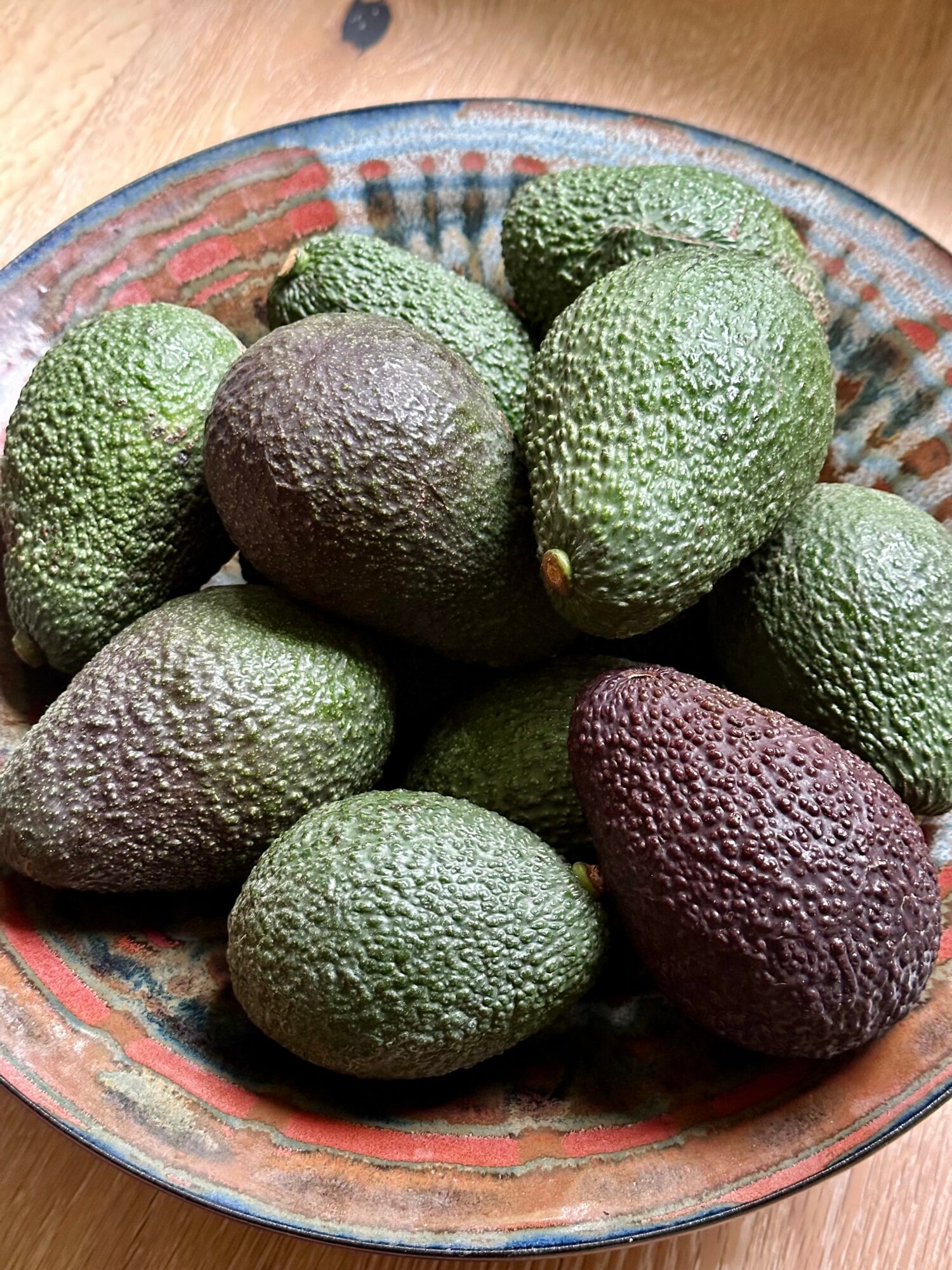 A bowl filled with various avocados, some green and one dark purple, on a wooden surface.