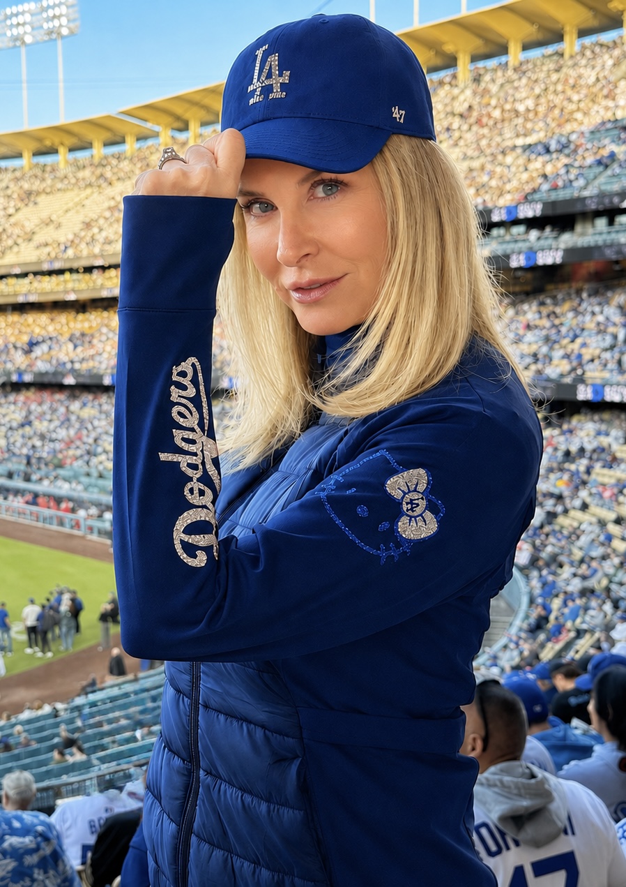 Woman in Los Angeles Dodgers cap and jacket at a baseball stadium, smiling, with crowd and field in background.