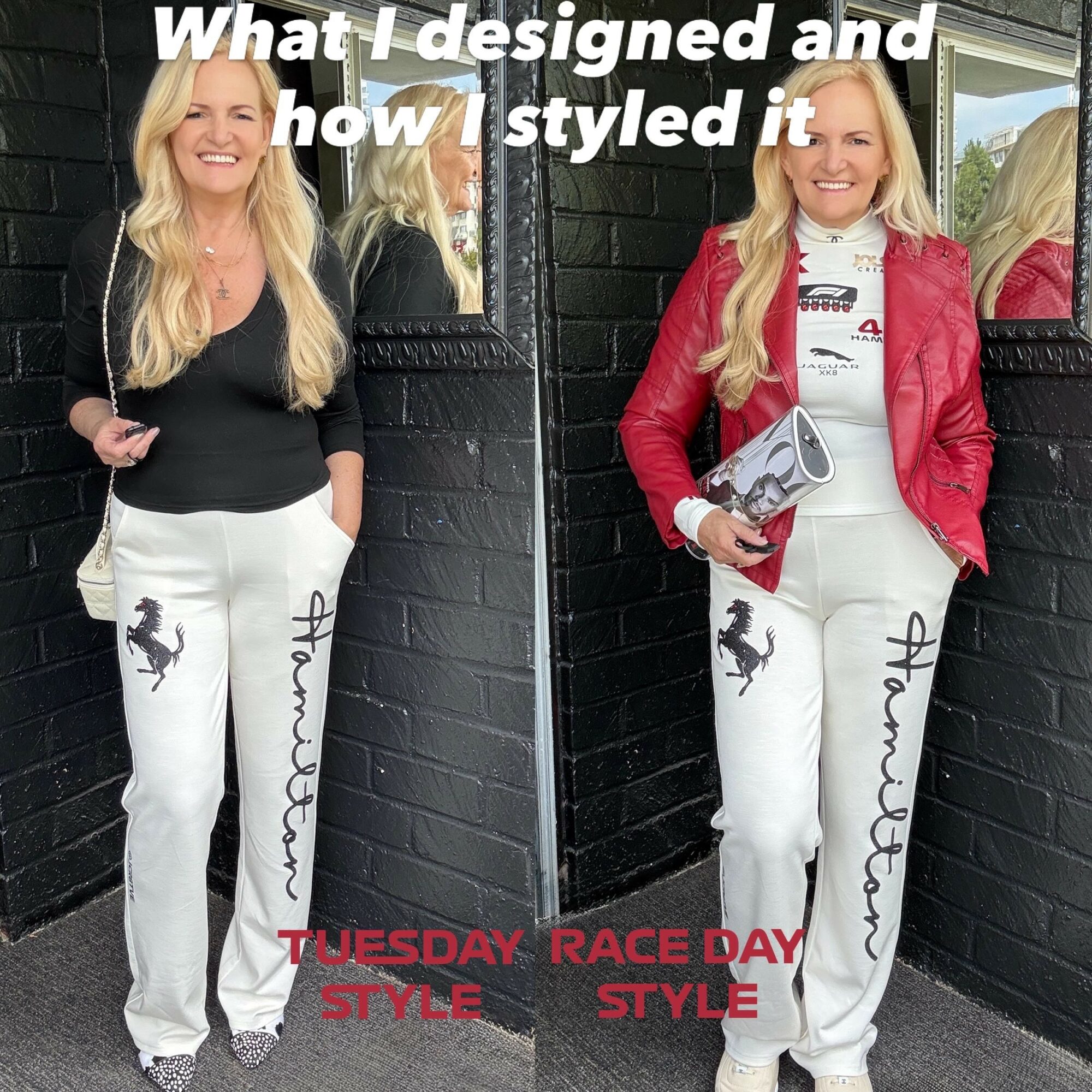 Woman with long blonde hair in stylish outfits, standing against a black brick wall, holding a magazine, smiling. Text overlays: 'What I designed and how I styled it' and 'Tuesday Race Day Style'.