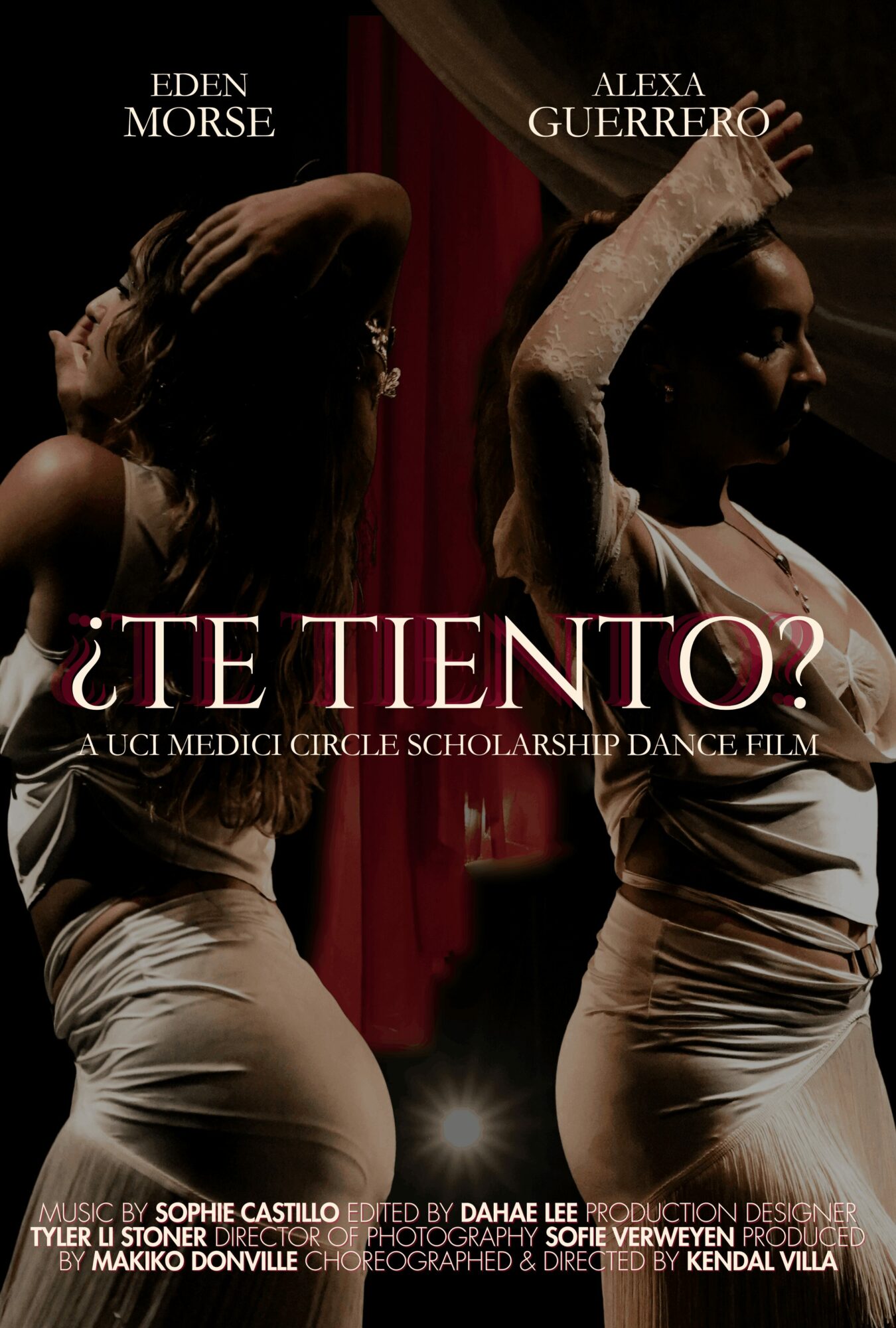 Two women dance on stage with red curtains in the background, one with arms raised and the other leaning back. Text overlays.