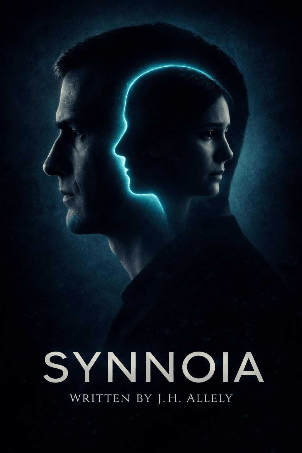 Silhouettes of a man and a woman with a glowing outline of a head between them, dark background, sci-fi theme.