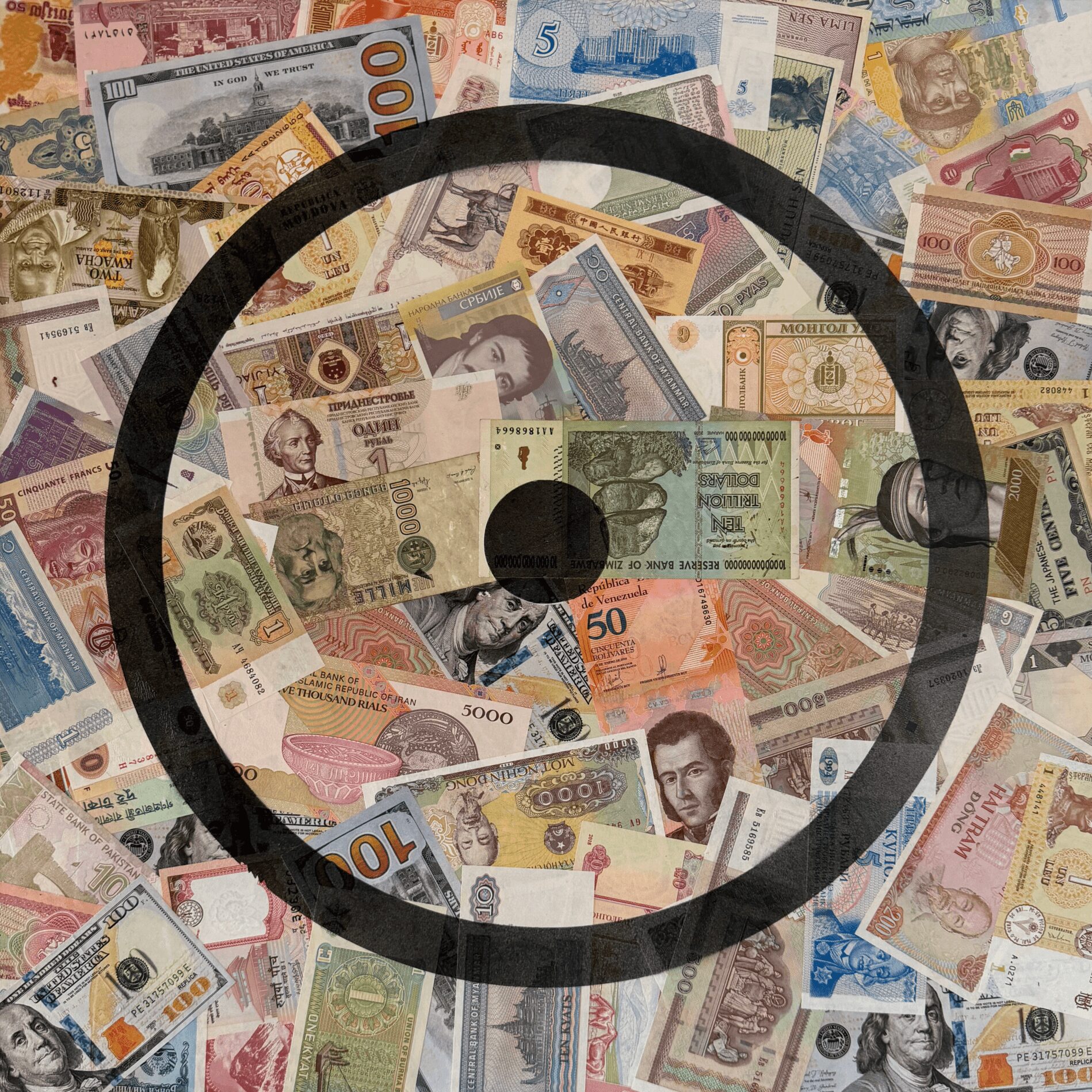 A large amount of various international banknotes spread out, with a black circular overlay in the center.