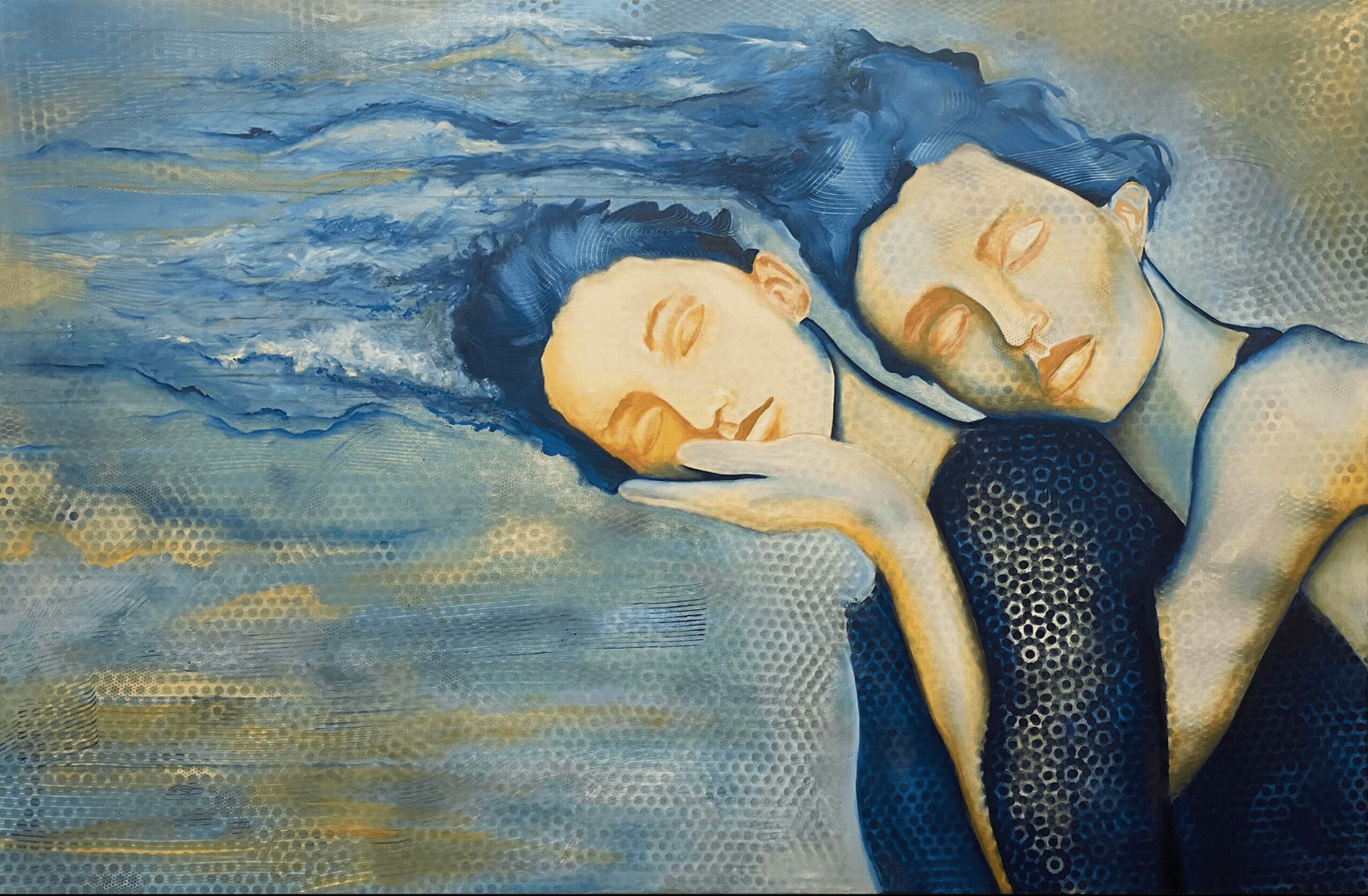 Two people with closed eyes rest their heads on each other, surrounded by blue and gray abstract background.
