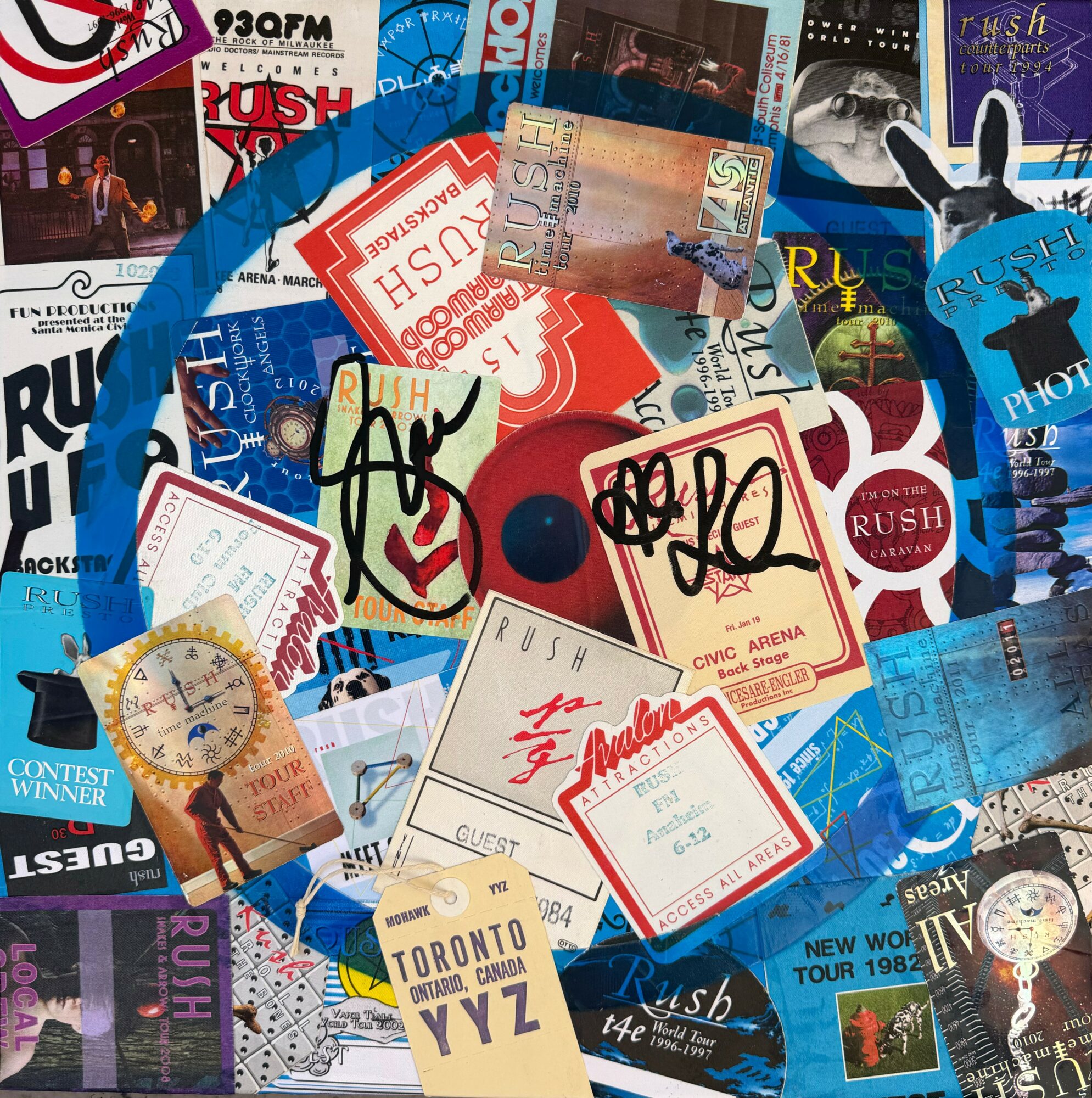 A collage of Rush concert tickets, posters, and memorabilia with signatures and a blue circular element.