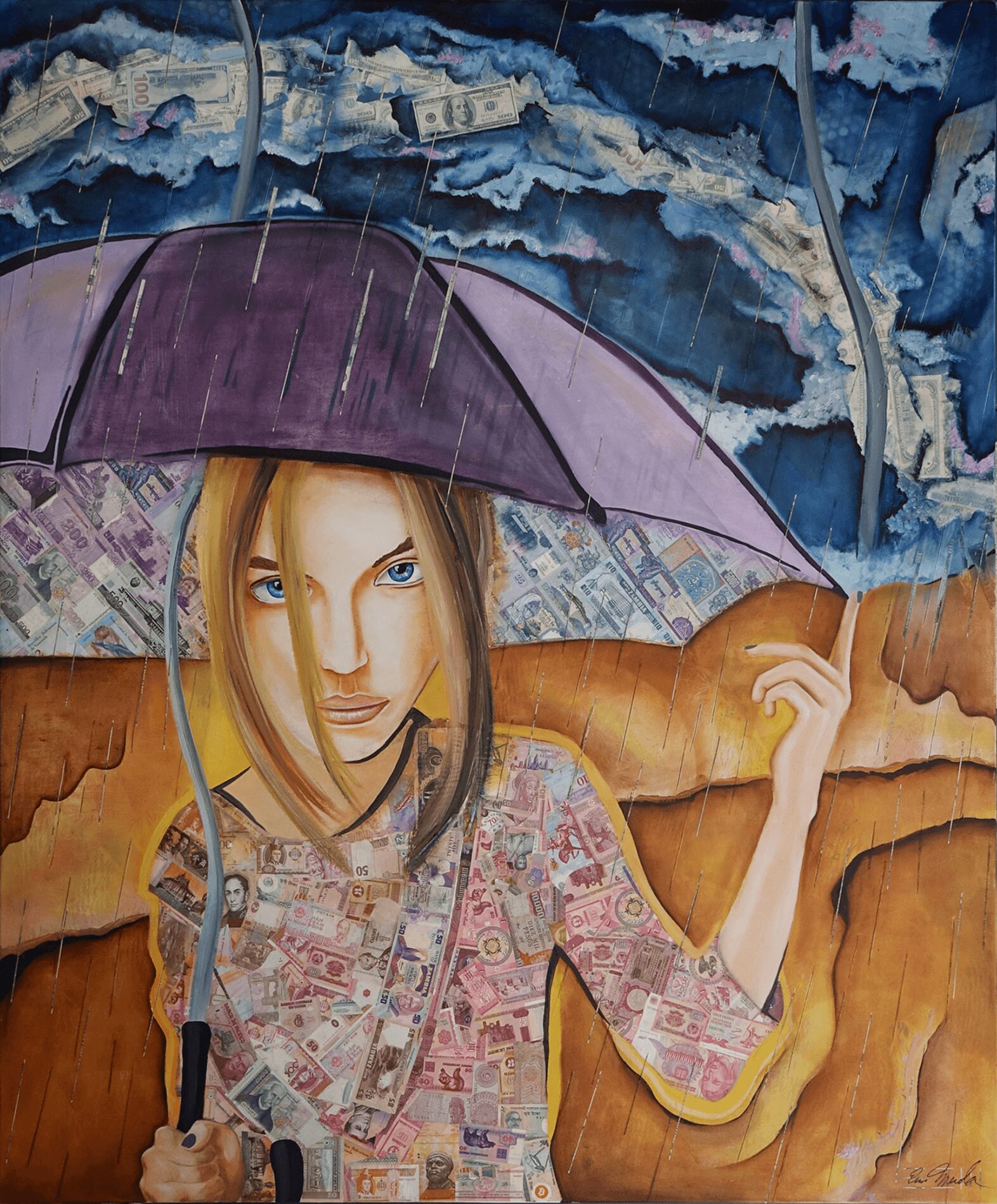 Young woman with blonde hair holding a purple umbrella in a colorful, abstract background.