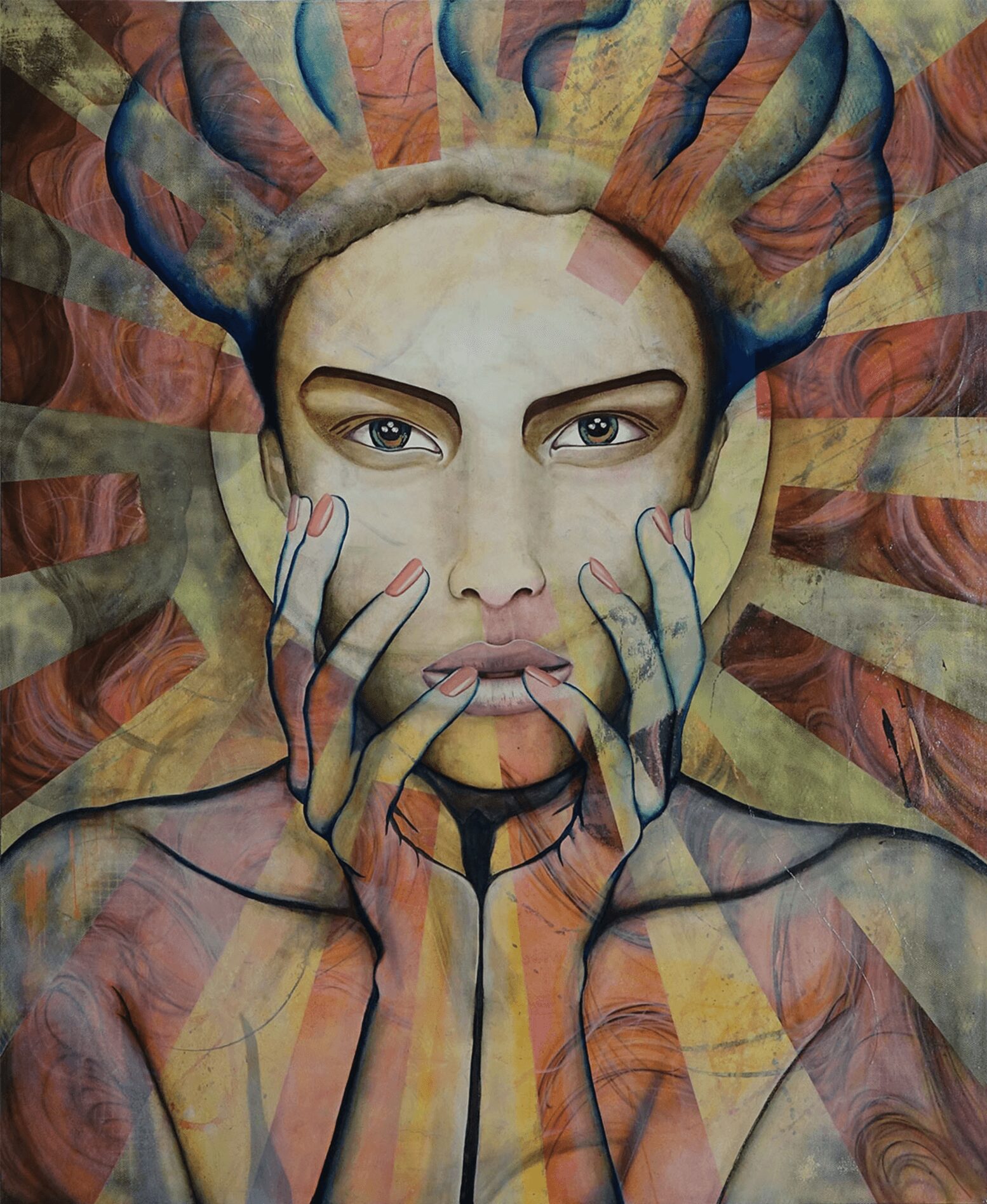 Portrait of a person with hands on face, surrounded by colorful abstract background, looking directly at the camera.