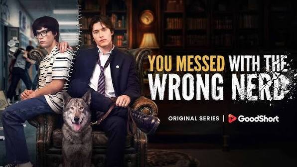 Two young men sit on a vintage sofa with a dog, in a library setting, with a title overlay about nerds.