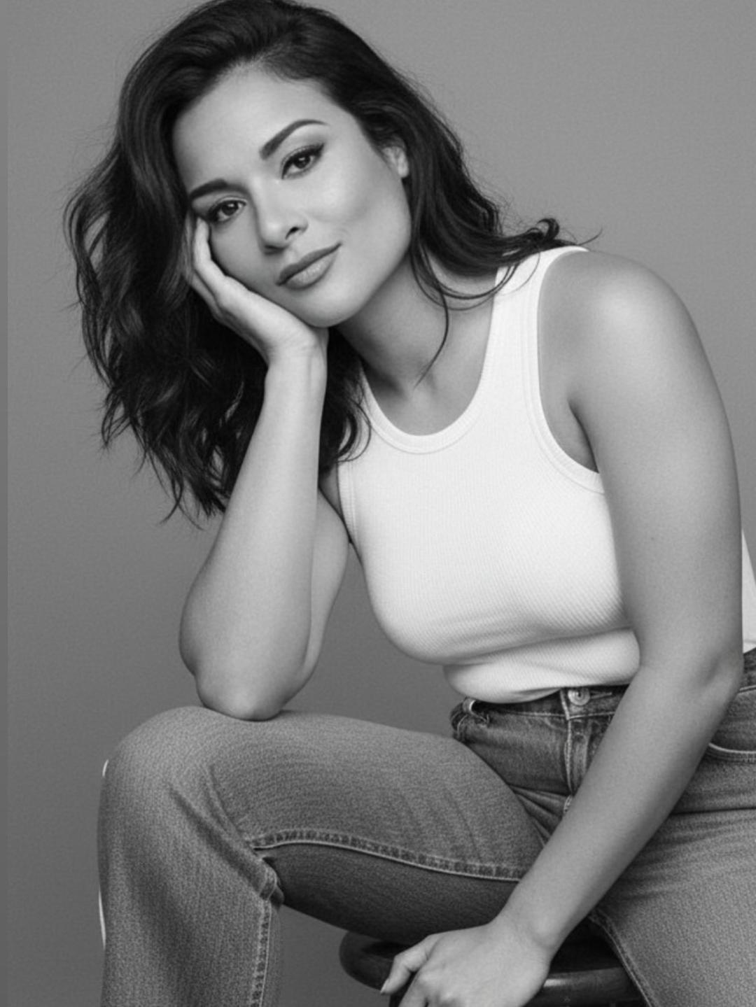 Woman with wavy hair resting her head on her hand, wearing a sleeveless top and jeans, looking at the camera.