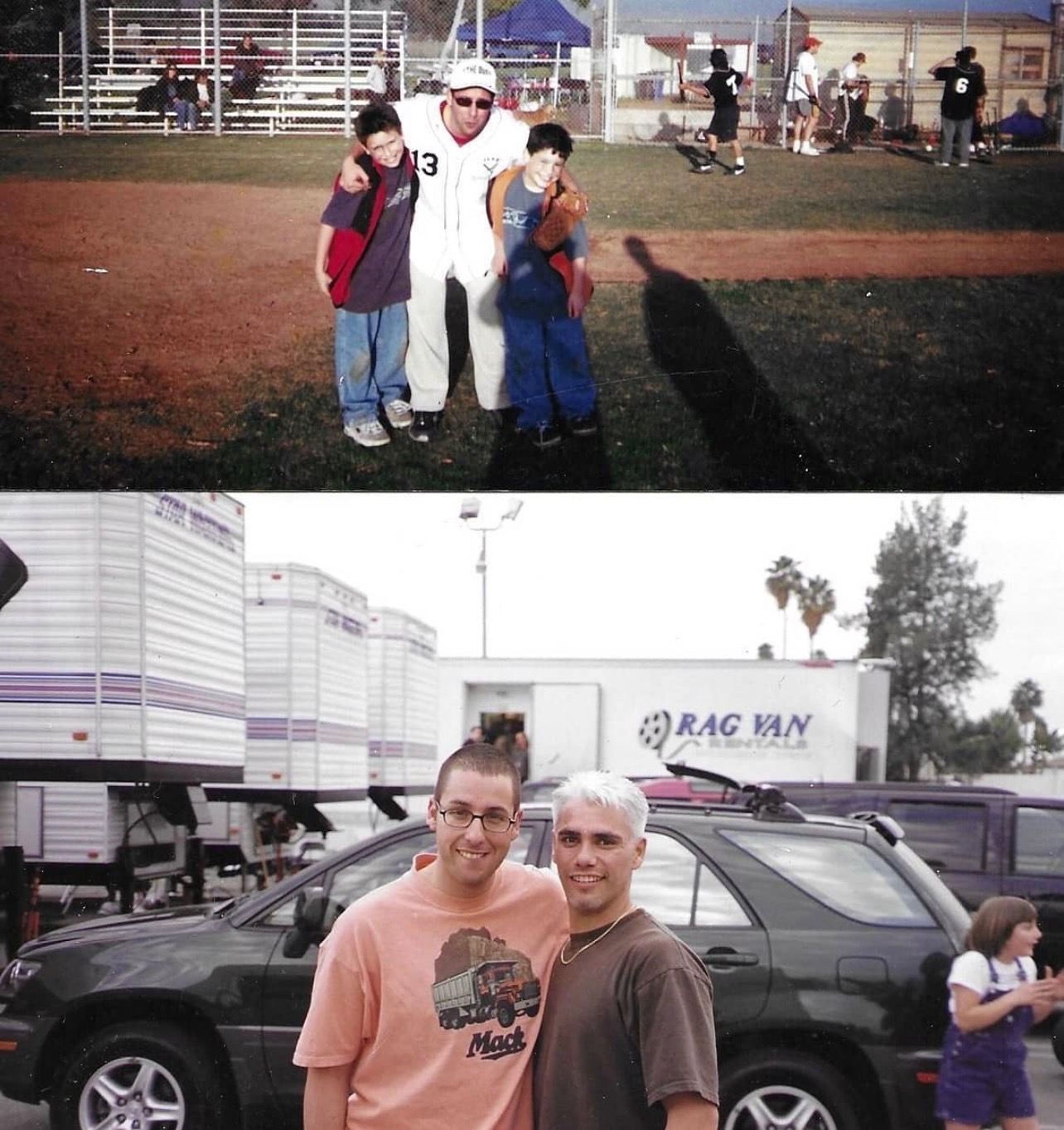 Two children and an adult pose on a baseball field, with a crowd and bleachers in the background.