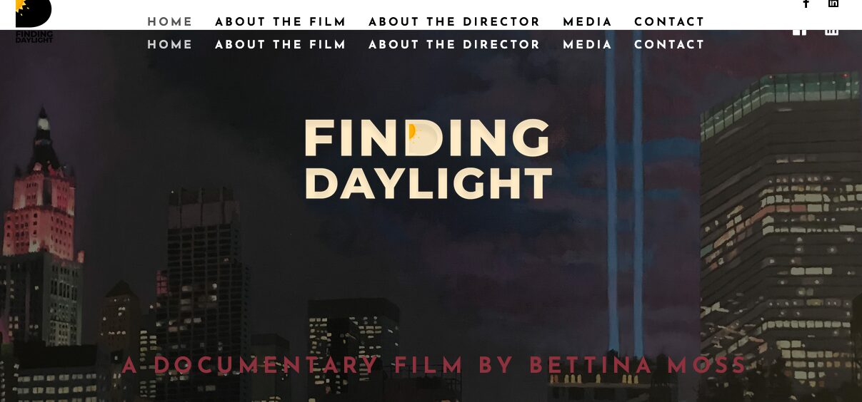 Night cityscape with tall buildings and illuminated lights, with text 'Finding Daylight' and film credits.