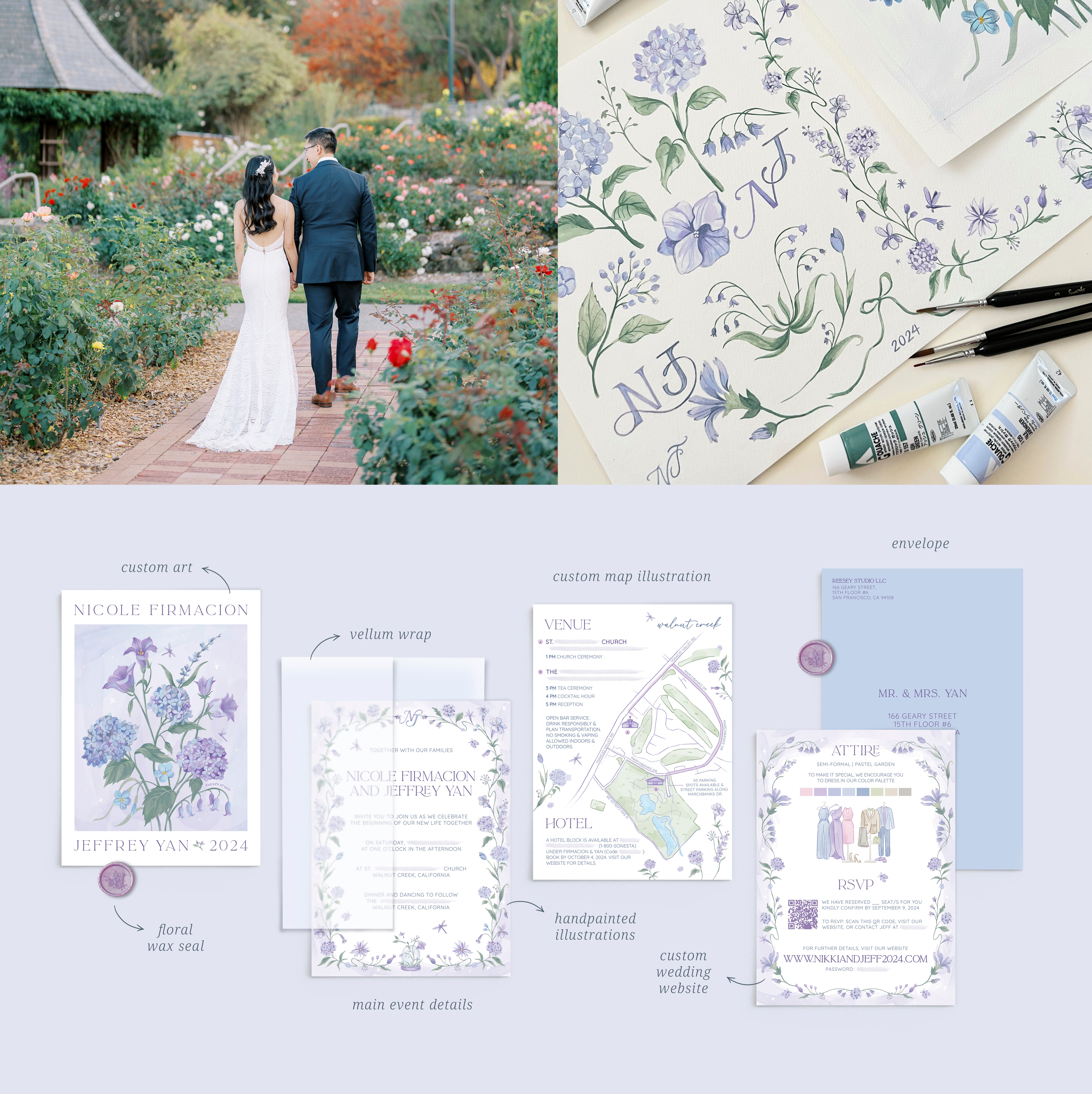 Couple in wedding attire in garden, floral stationery with lavender illustrations, and wedding invitations displayed.