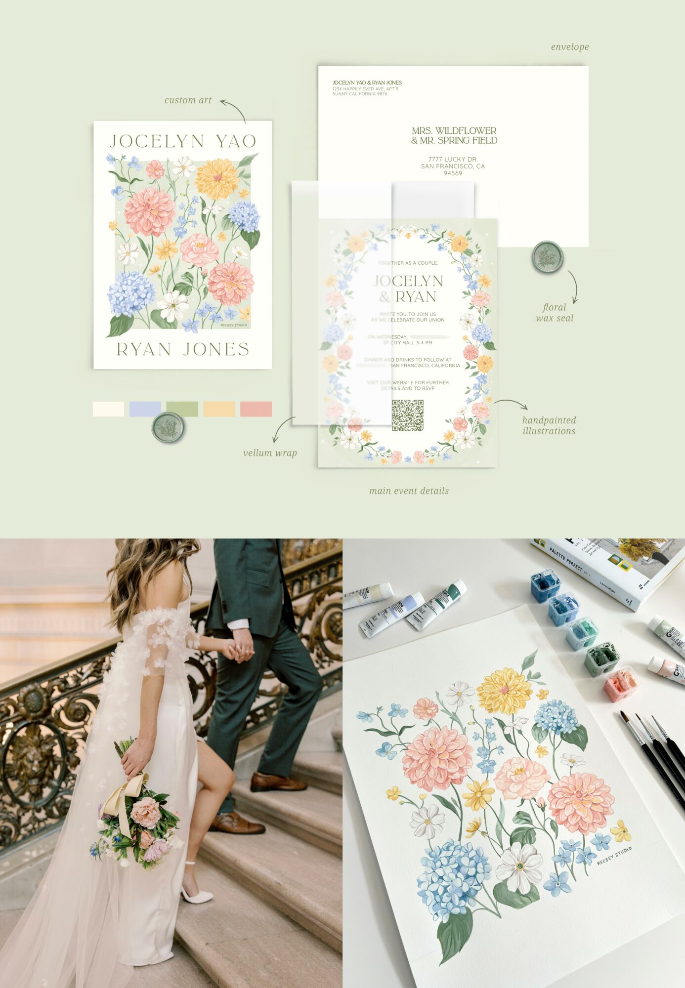 Wedding invitation suite with floral design, a bride and groom walking, and wedding details on paper, all on a light background.