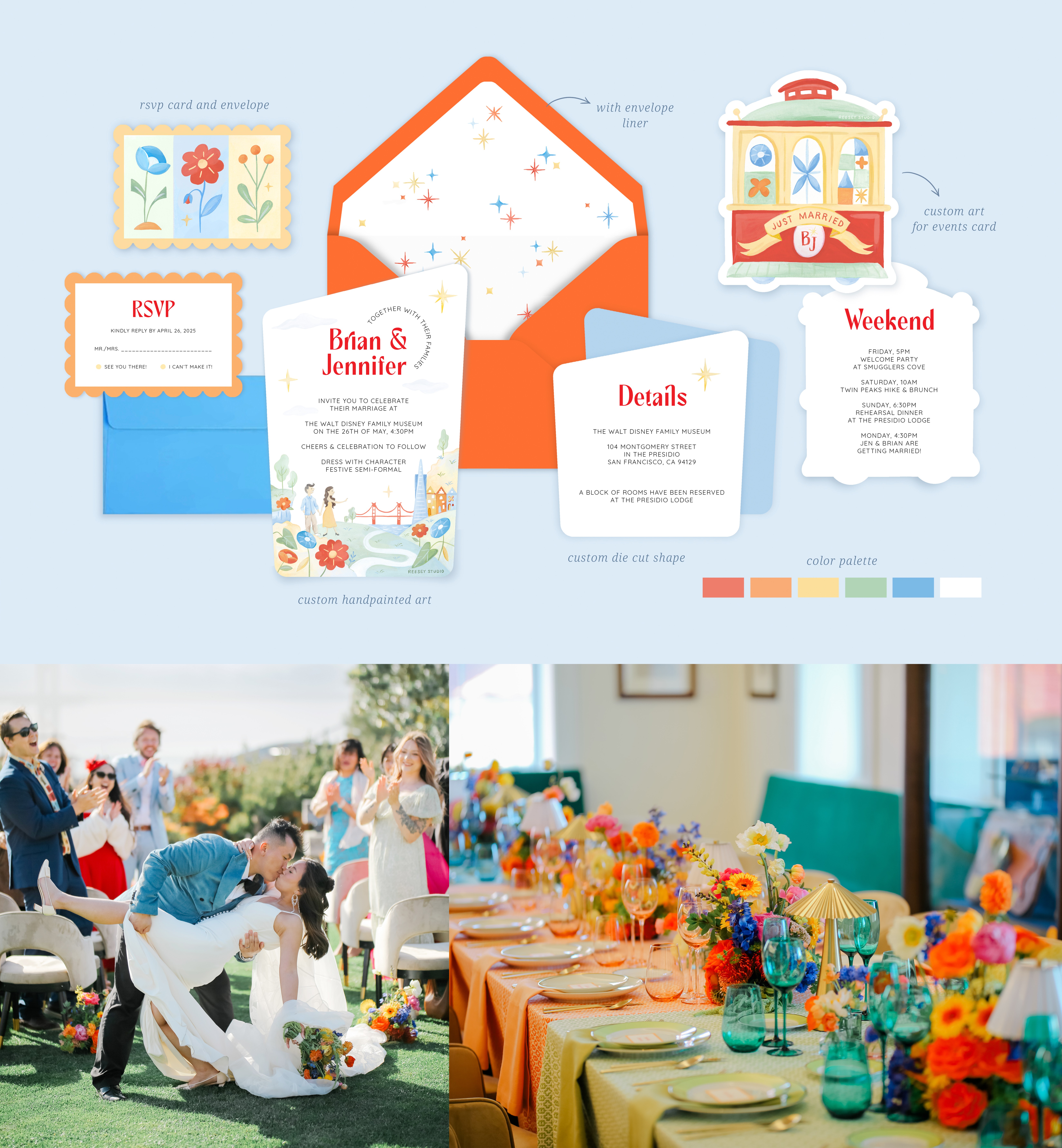 Invitation cards and decorations for a celebration, with two photos of a group and a decorated table, colorful flowers, and tableware.