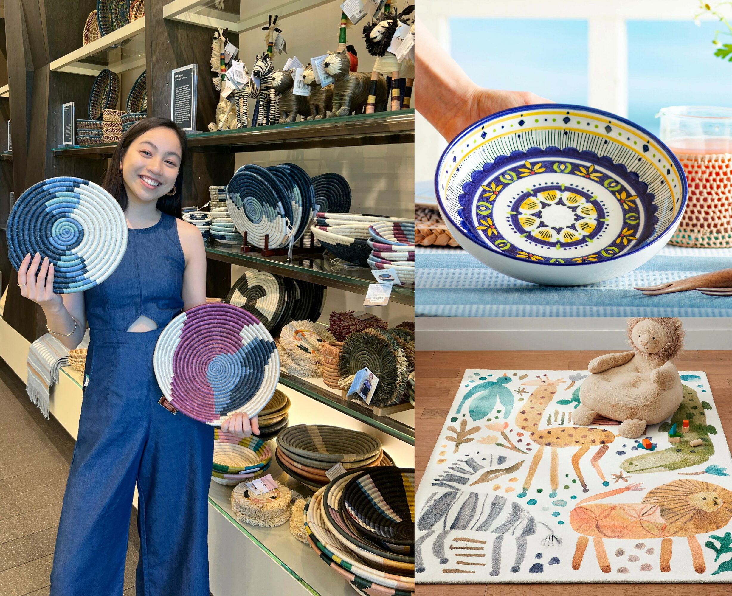 Woman in blue jumpsuit holding colorful plates in a store, with decorative bowls and toys displayed around her.