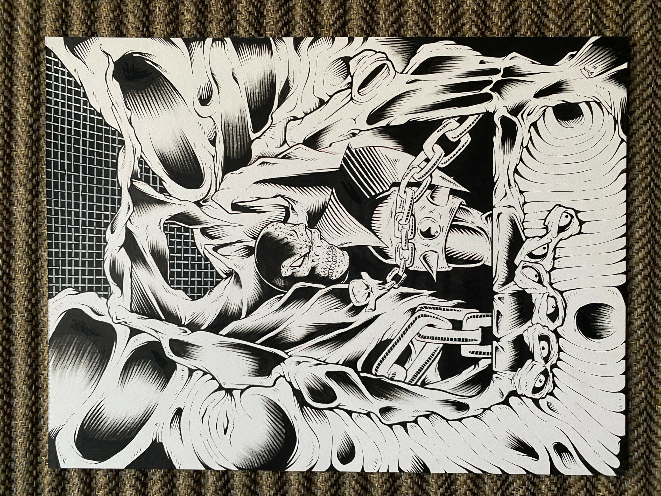 Black and white abstract artwork with organic and mechanical shapes, textures, and patterns.