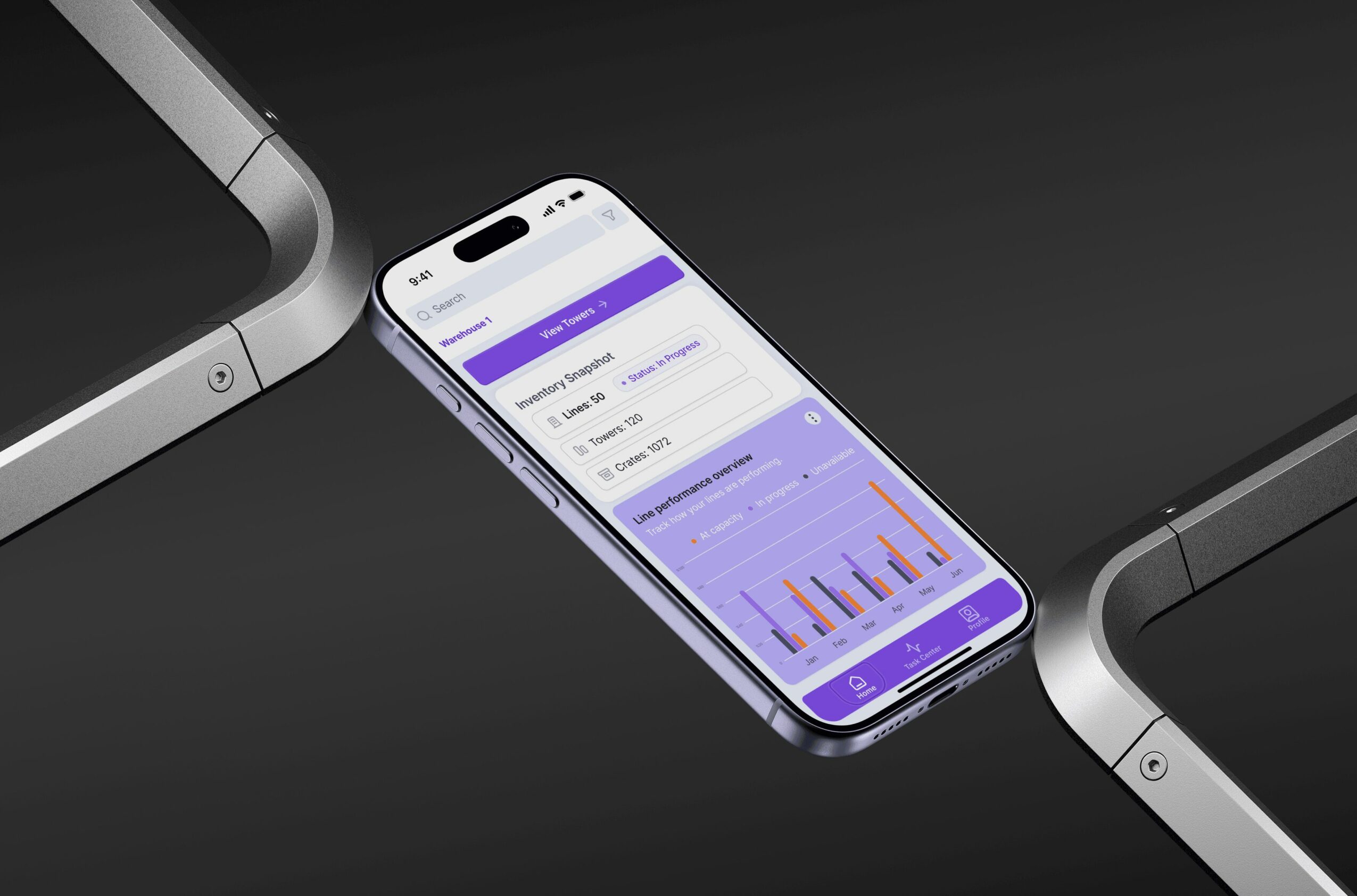 Smartphone displaying a health or fitness app with graphs and data, placed on a dark surface between two electronic devices.
