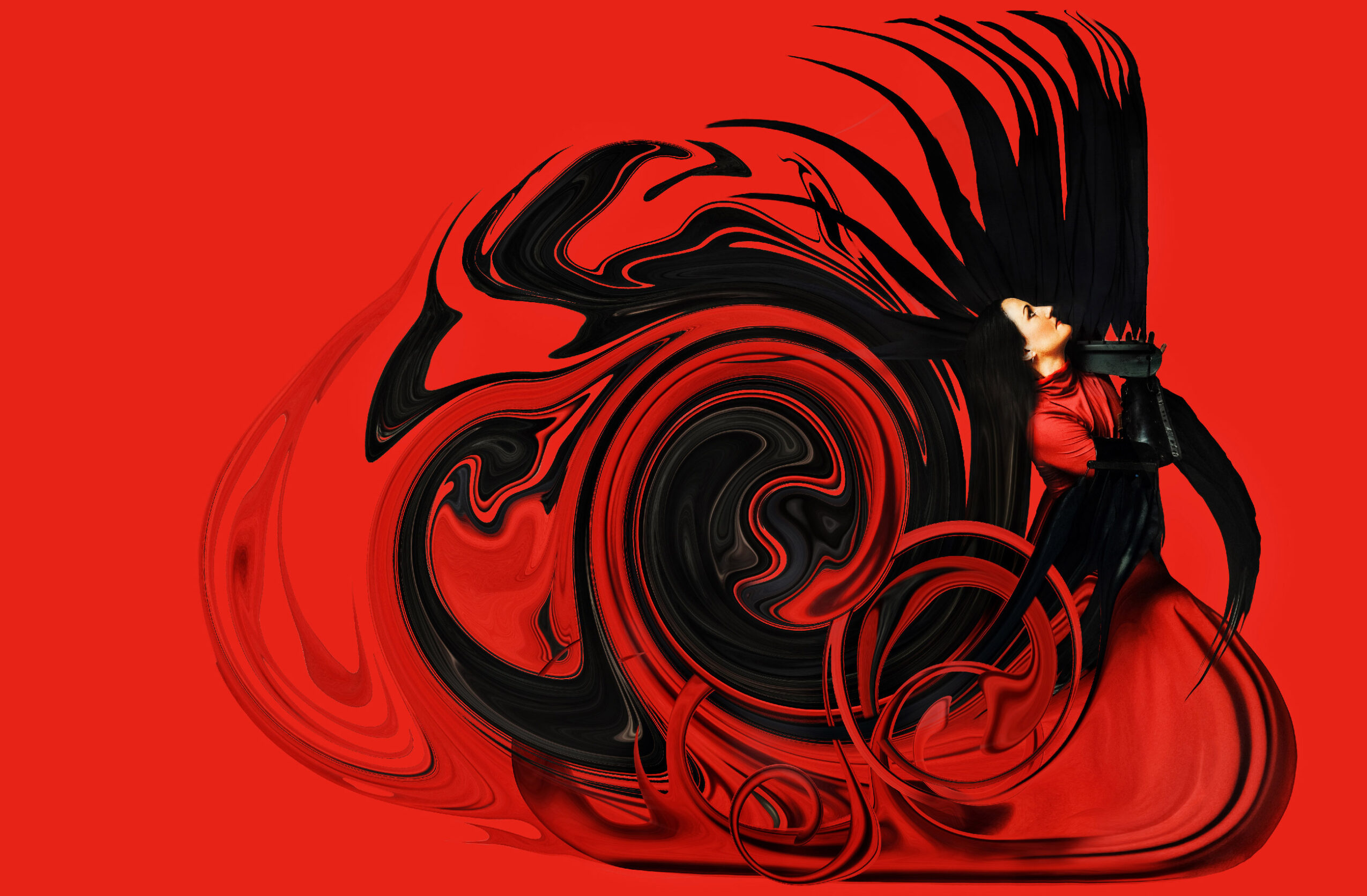Person in red and black clothing standing against a red background with swirling black and red abstract design.