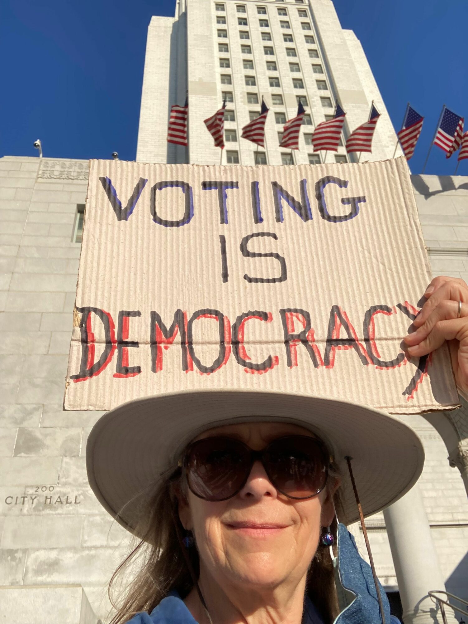 Person holding a sign that reads 'Voting is Democracy' with flags and a building in the background.