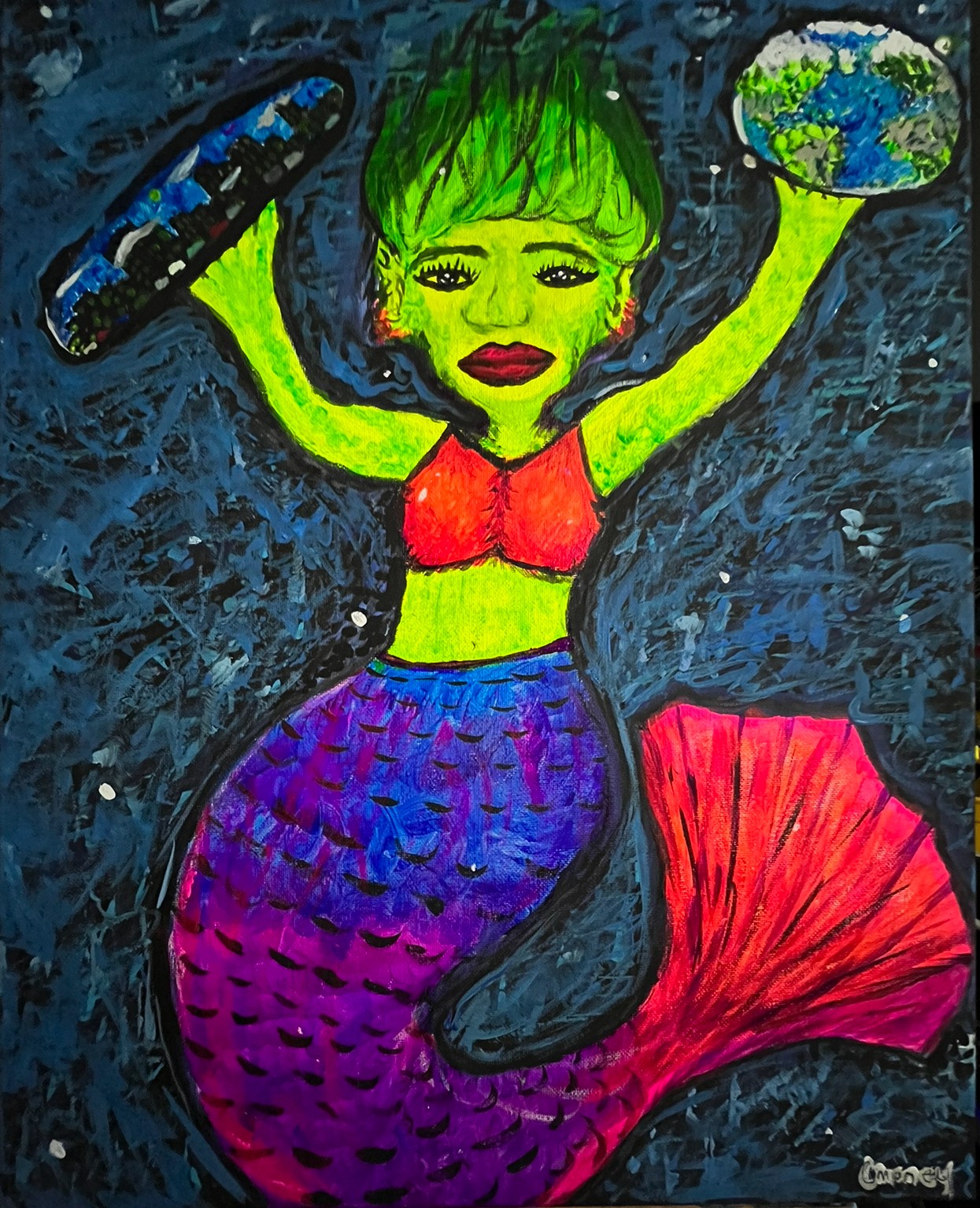 A colorful mermaid with green hair, red top, purple tail, holding a planet and a spaceship, against a dark background.
