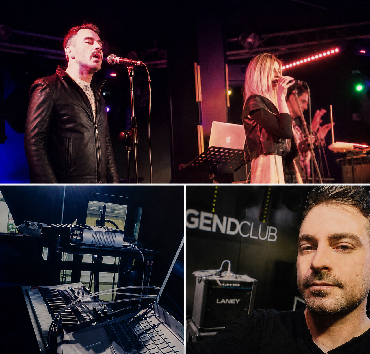 Musicians perform on stage with equipment, and a man takes a selfie at a club. Stage lights are visible.