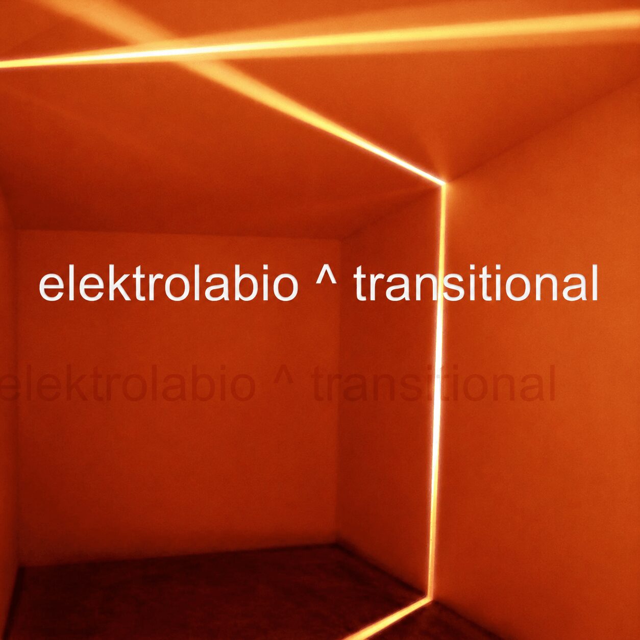 Orange room with bright light lines forming a corner, text reads 'elektrolabio ^ transitional', minimalistic design.