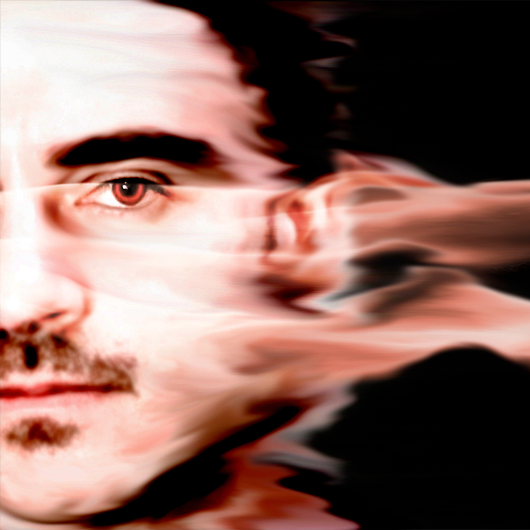 Distorted image of a person's face with one eye visible, with a black background.