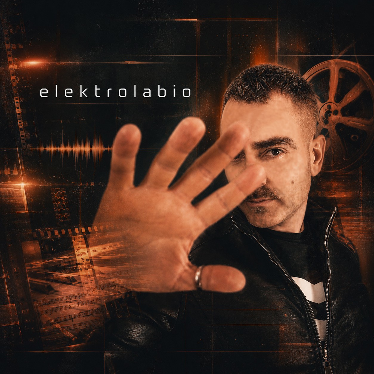 Man with short hair and mustache extends hand towards camera, background features digital and mechanical elements, text reads 'elektrolabio'.