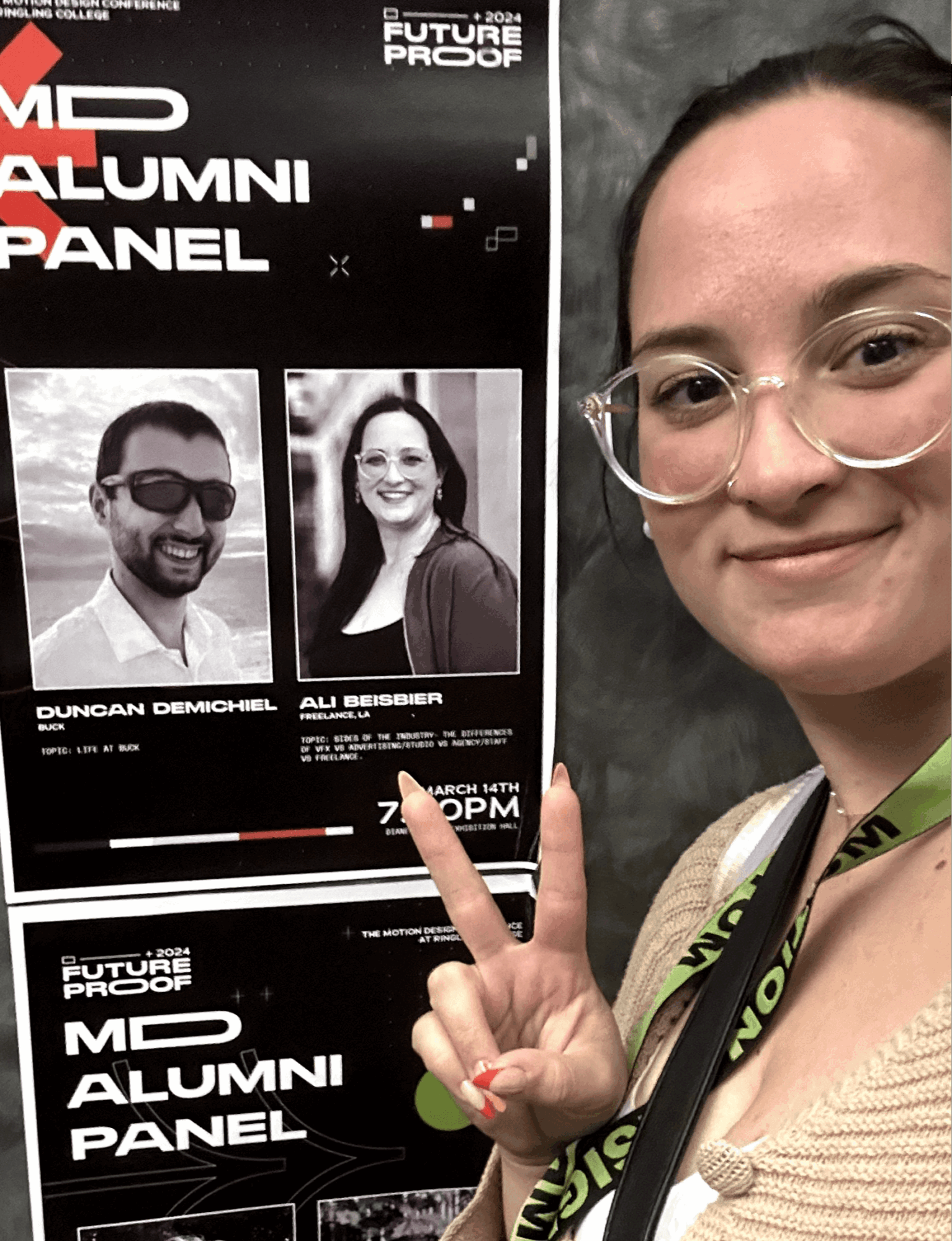 Young woman with glasses making a peace sign in front of a panel with two black-and-white photos of people, event details visible.