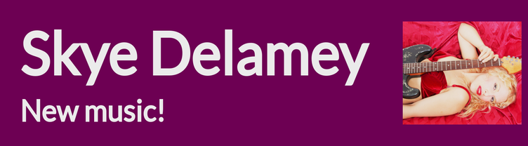 Text promoting Skye Delamey's new music with a small image of a person lying down holding a guitar