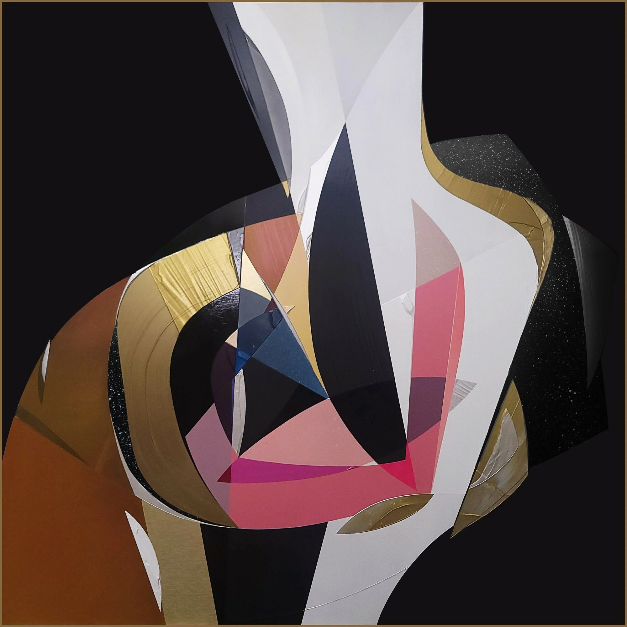 Abstract geometric artwork with various shapes and colors, including black, white, pink, gold, and blue.
